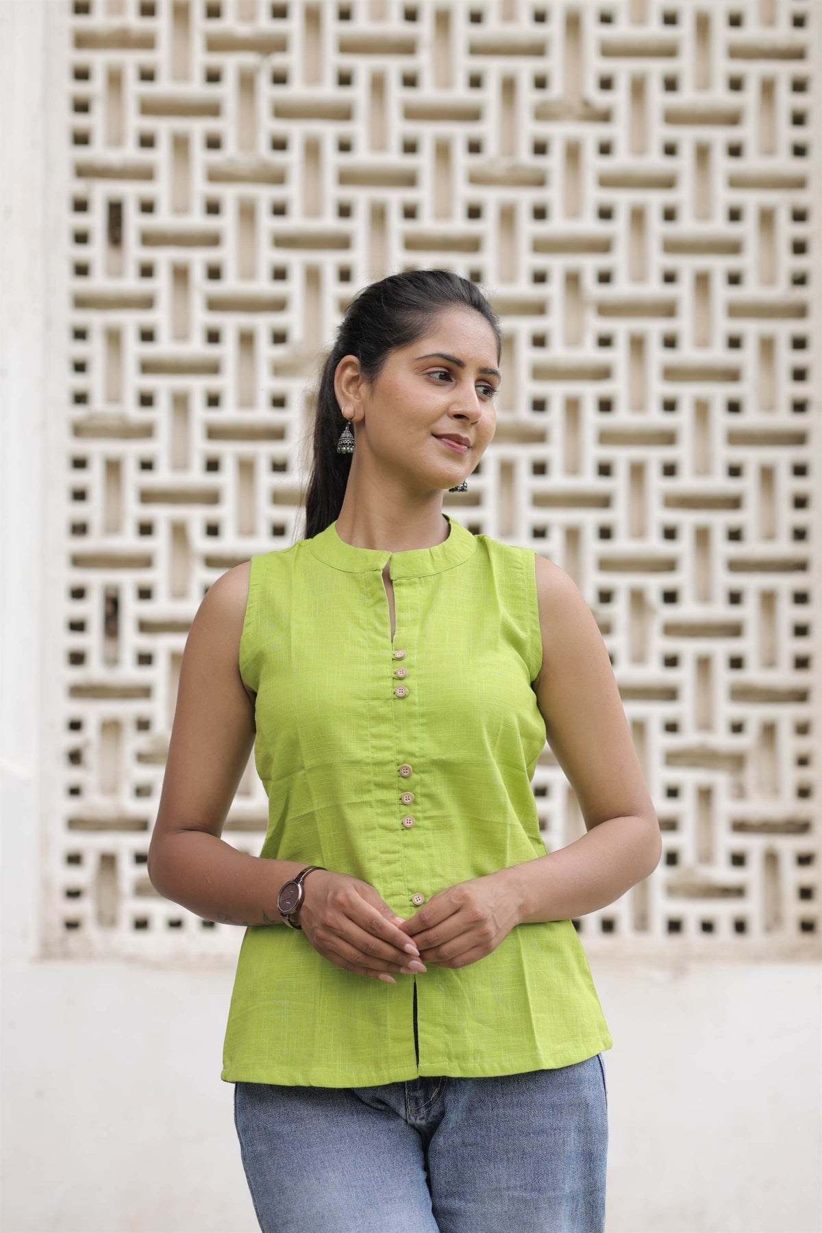 Lime Green Cotton Slub Button-Down Top