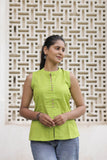 Lime Green Cotton Slub Button-Down Top