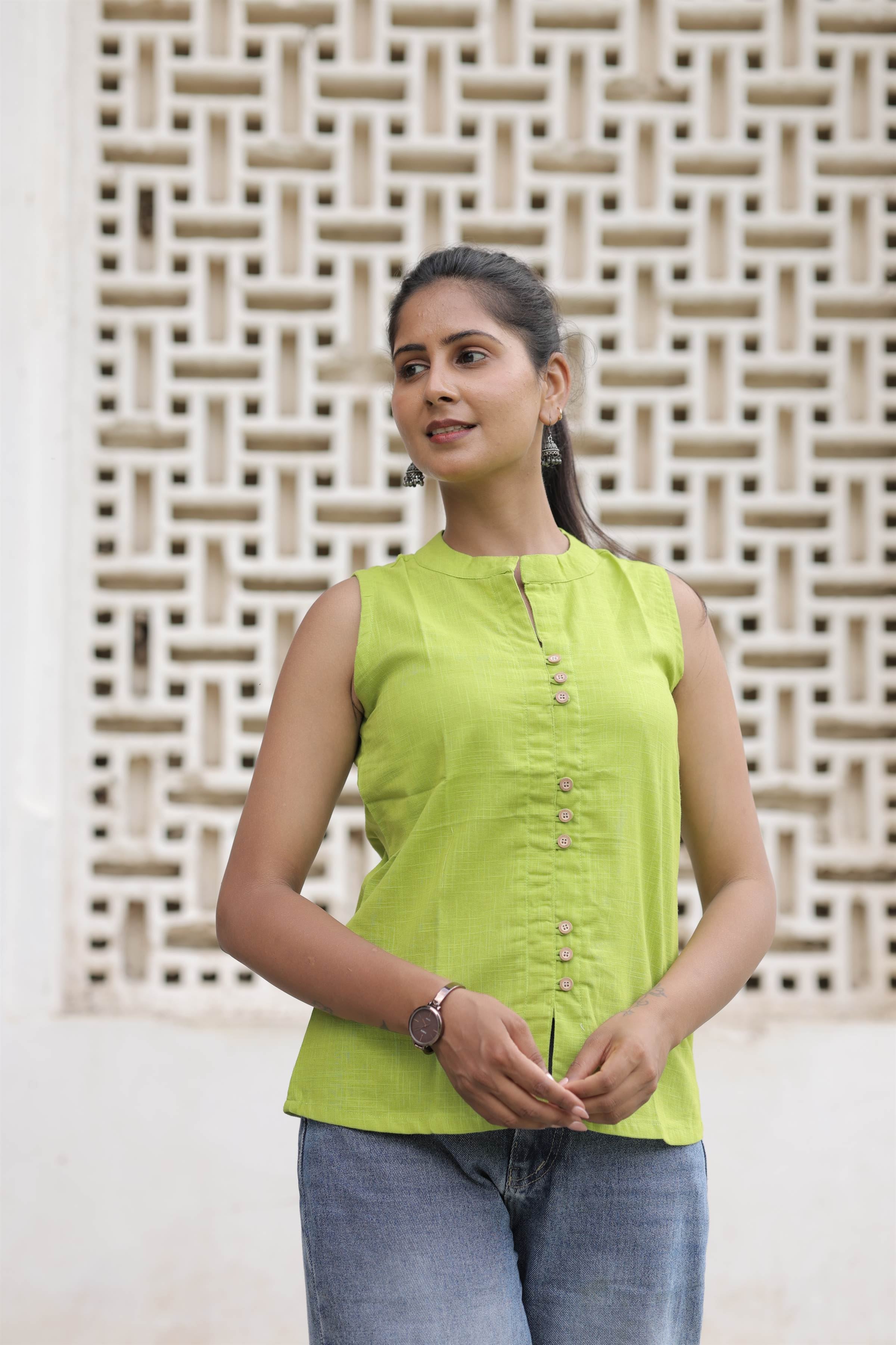 Lime Green Cotton Slub Button-Down Top