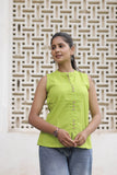 Lime Green Cotton Slub Button-Down Top