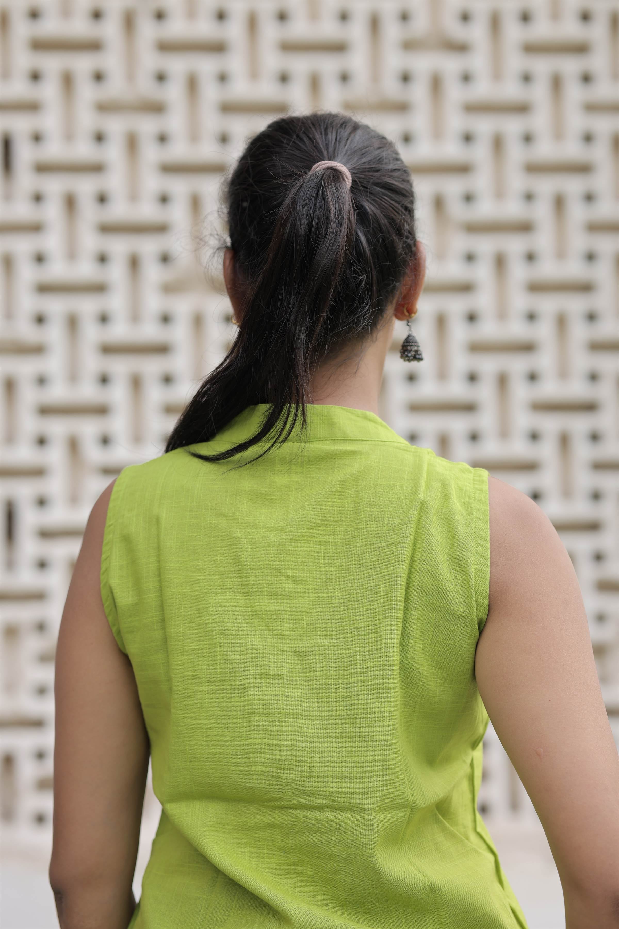 Lime Green Cotton Slub Button-Down Top