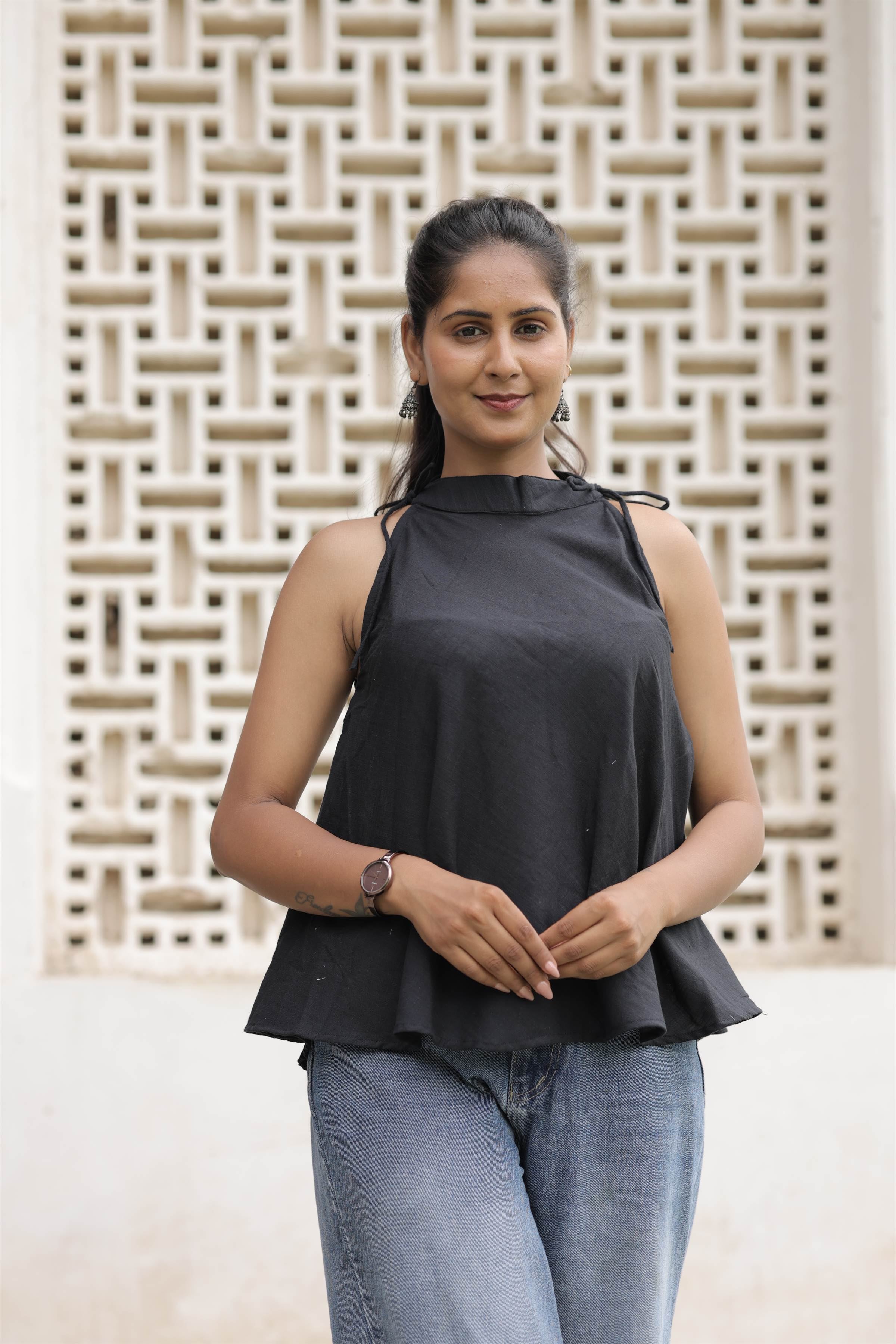 Black Cotton Slub Tie-Up Peplum Top