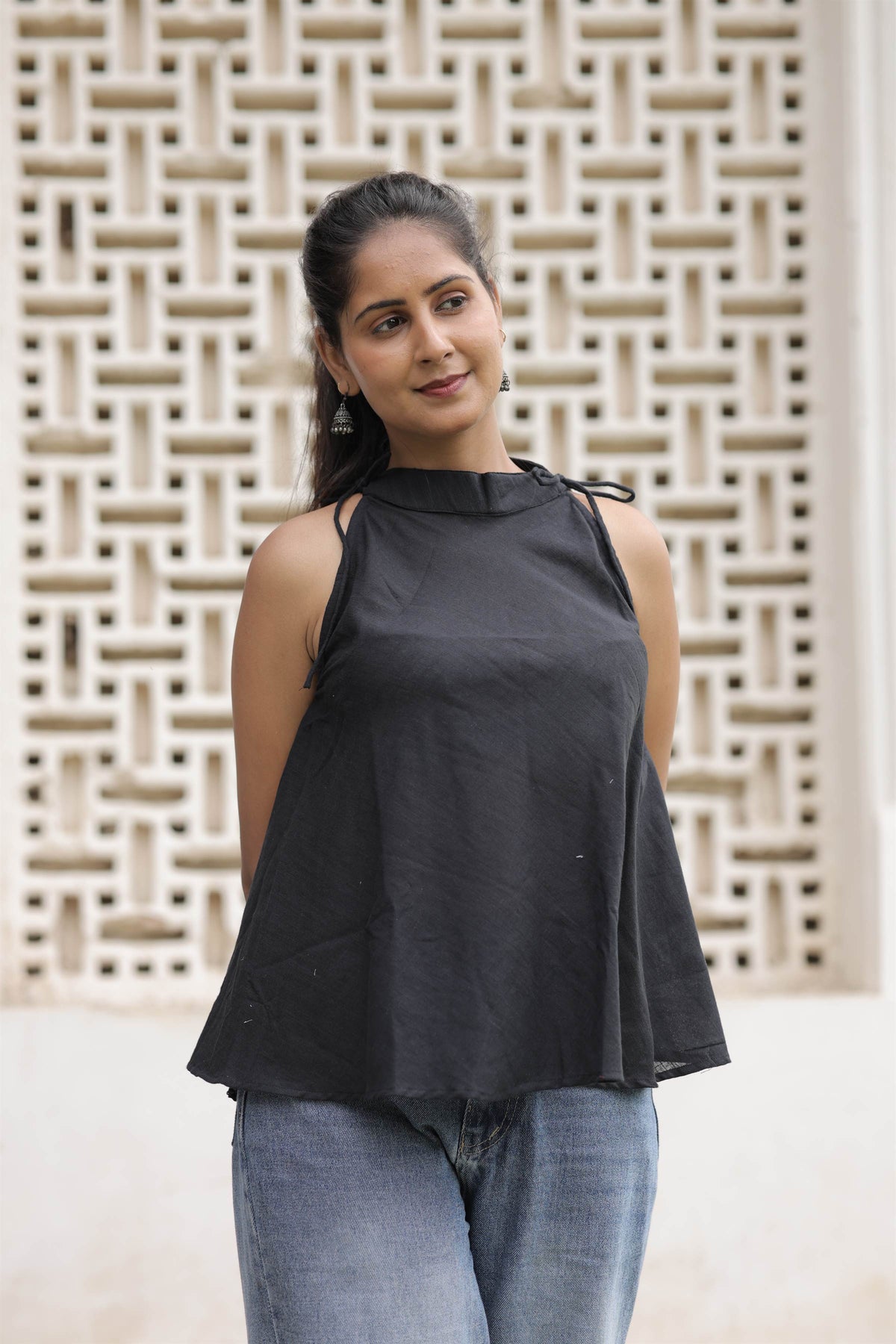 Black Cotton Slub Tie-Up Peplum Top