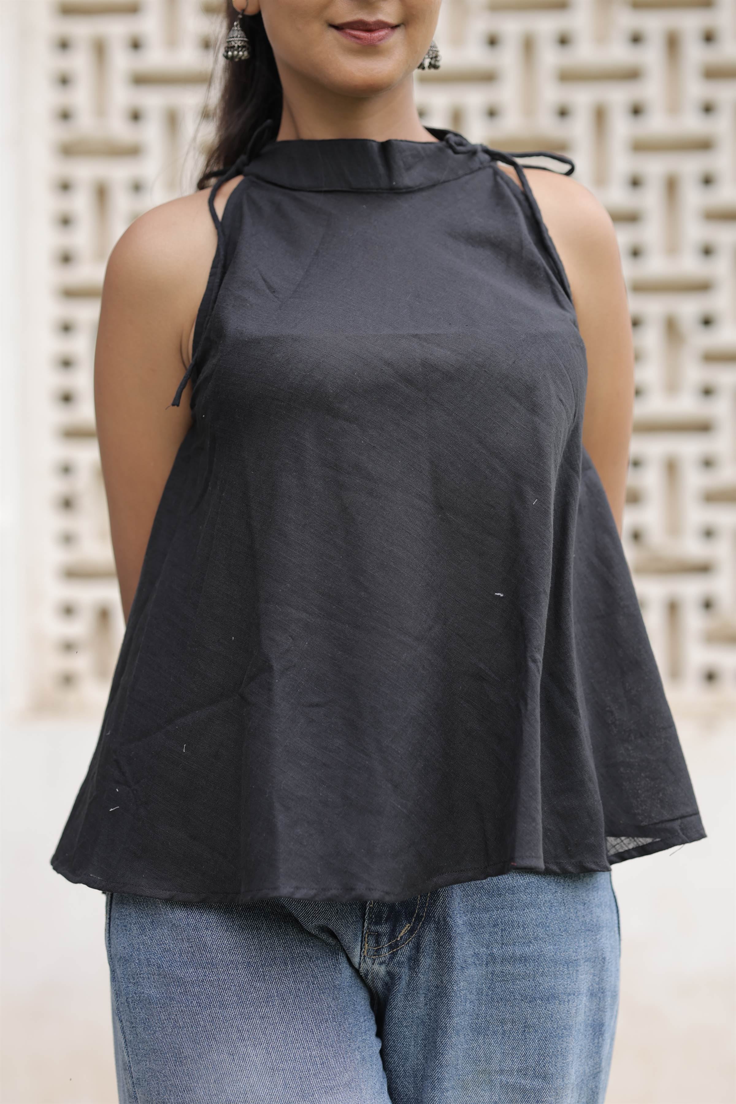 Black Cotton Slub Tie-Up Peplum Top