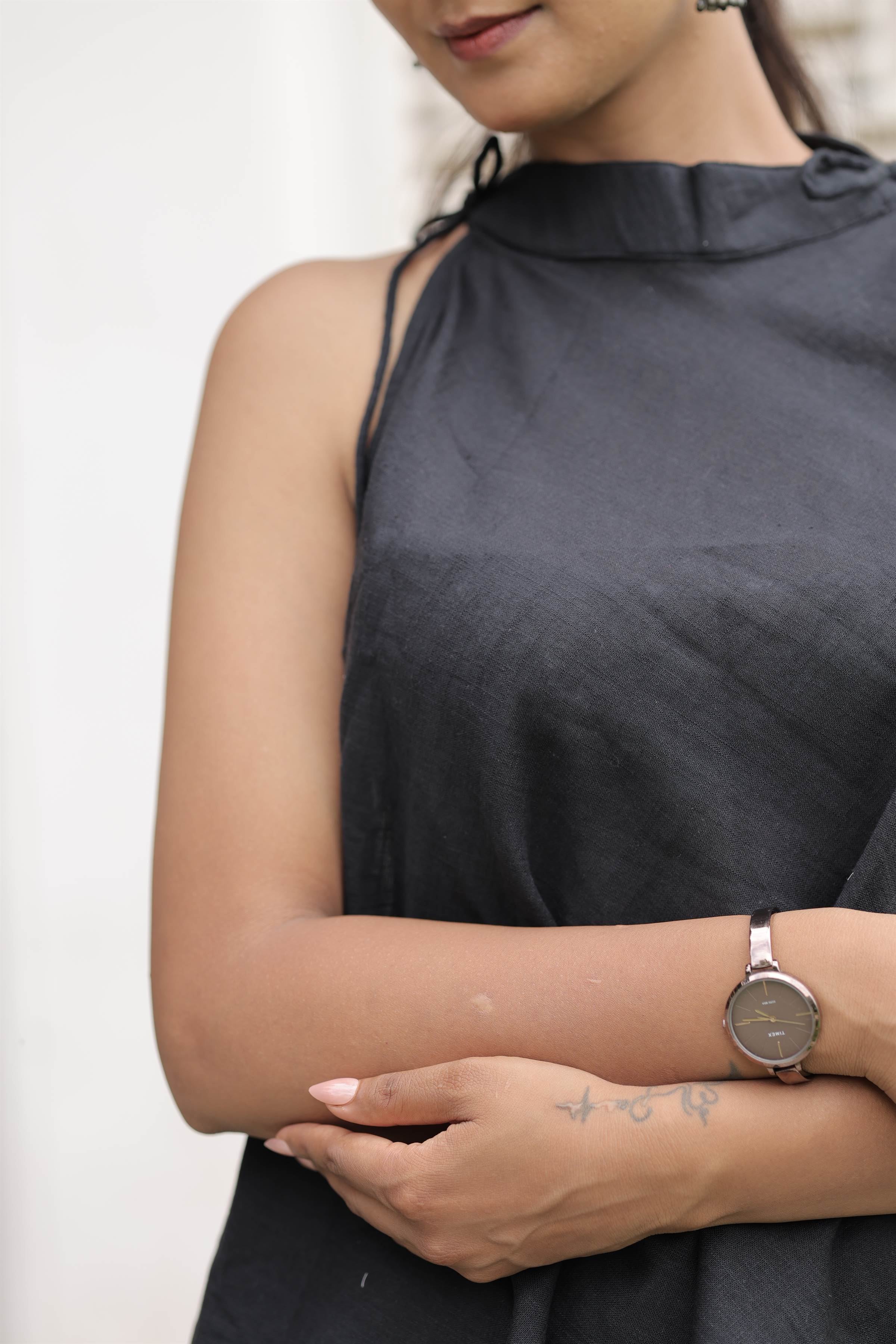 Black Cotton Slub Tie-Up Peplum Top
