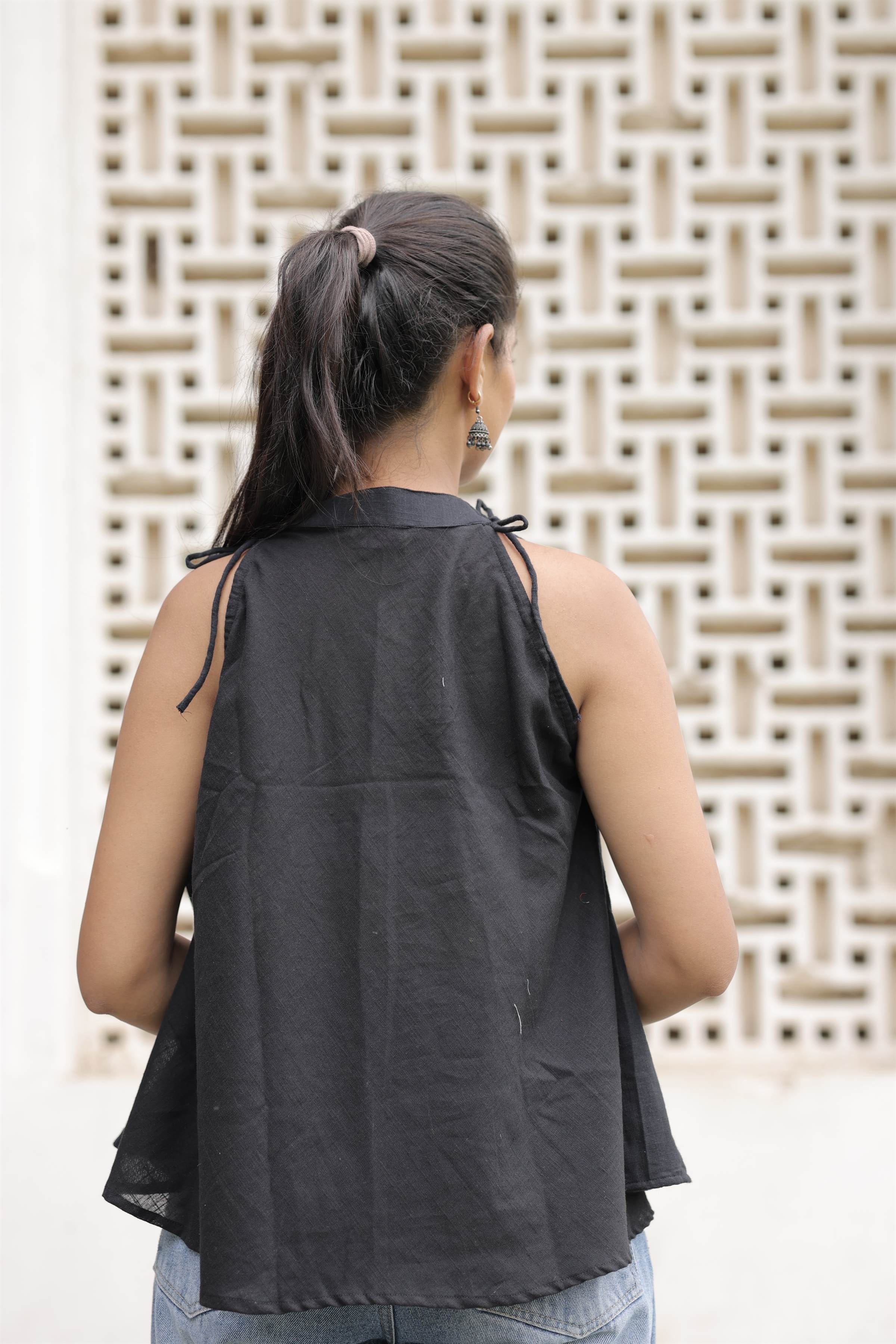 Black Cotton Slub Tie-Up Peplum Top