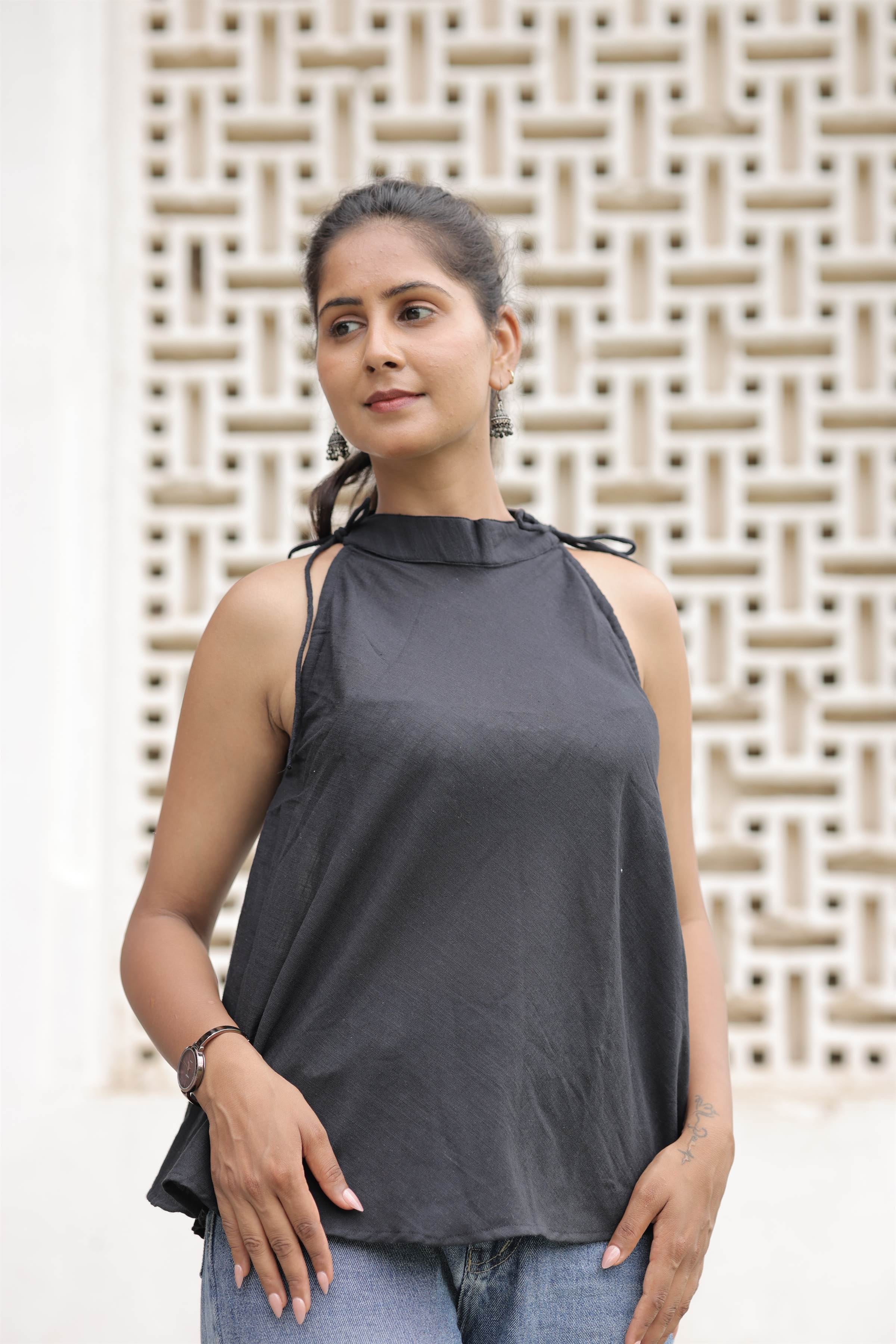 Black Cotton Slub Tie-Up Peplum Top