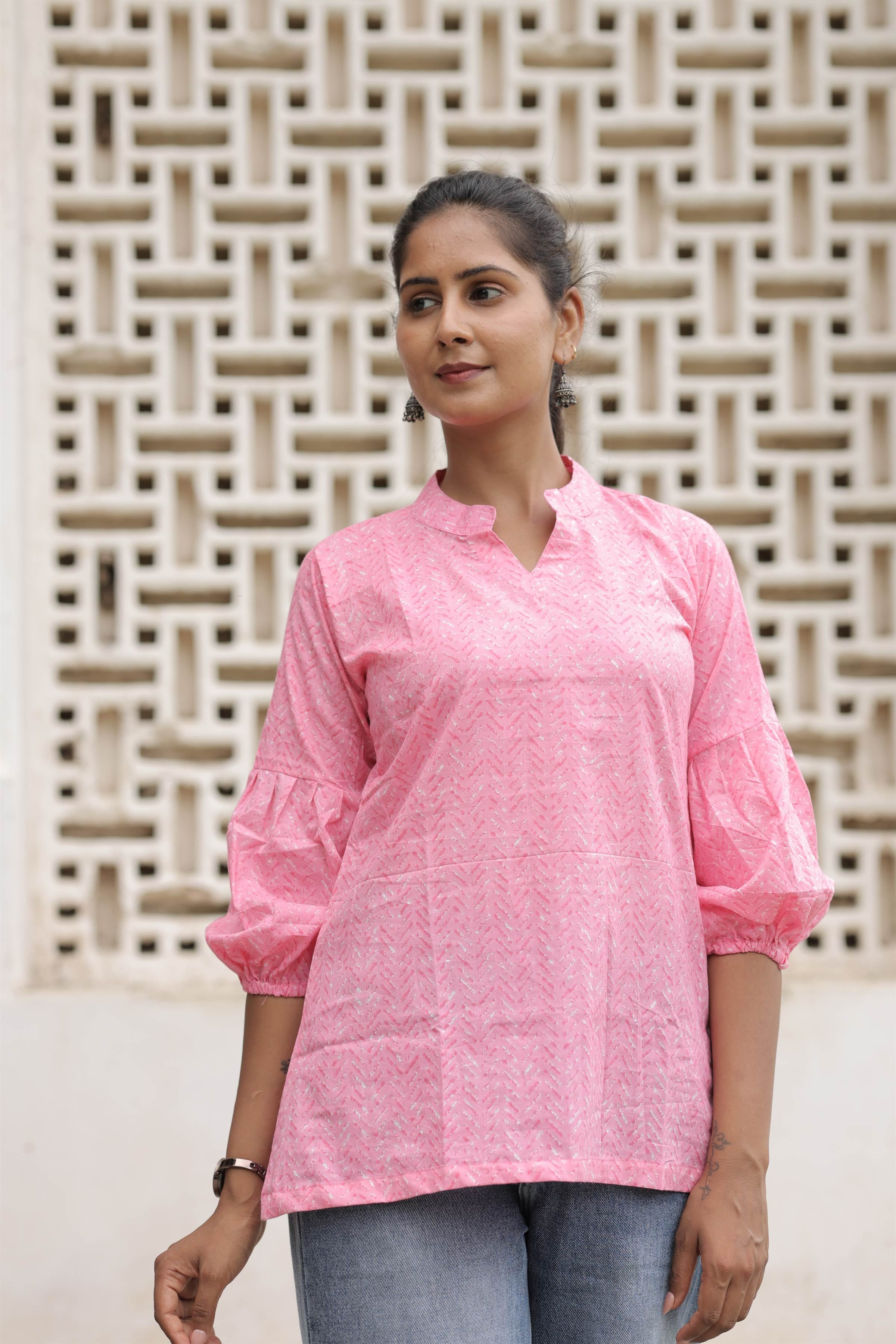 Pink Printed Cotton Flared Top