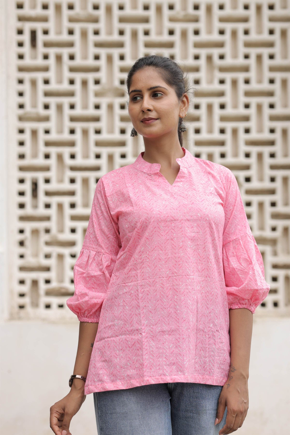 Pink Printed Cotton Flared Top