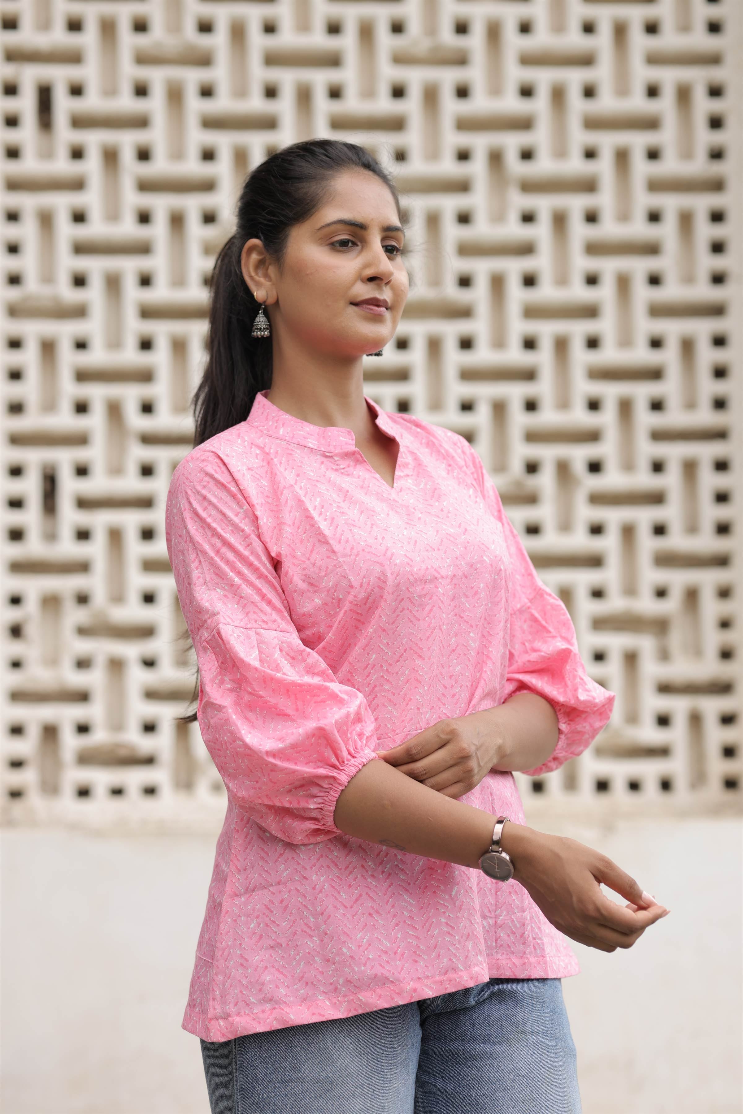 Pink Printed Cotton Flared Top