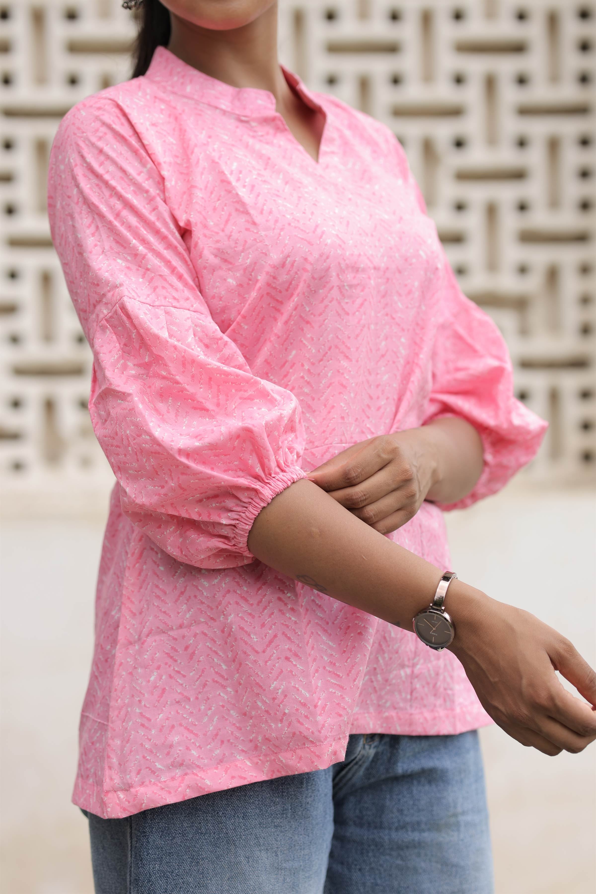 Pink Printed Cotton Flared Top