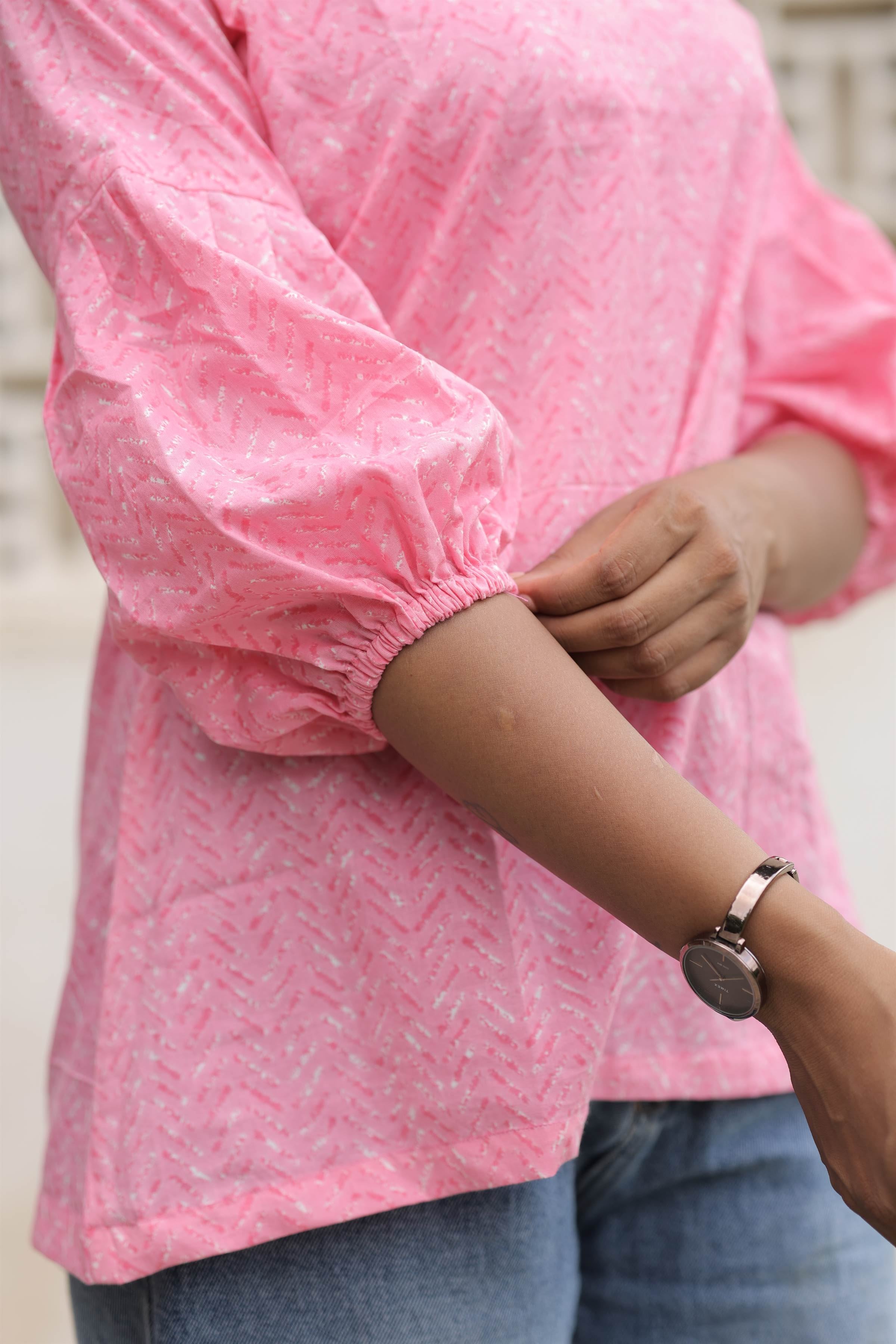 Pink Printed Cotton Flared Top