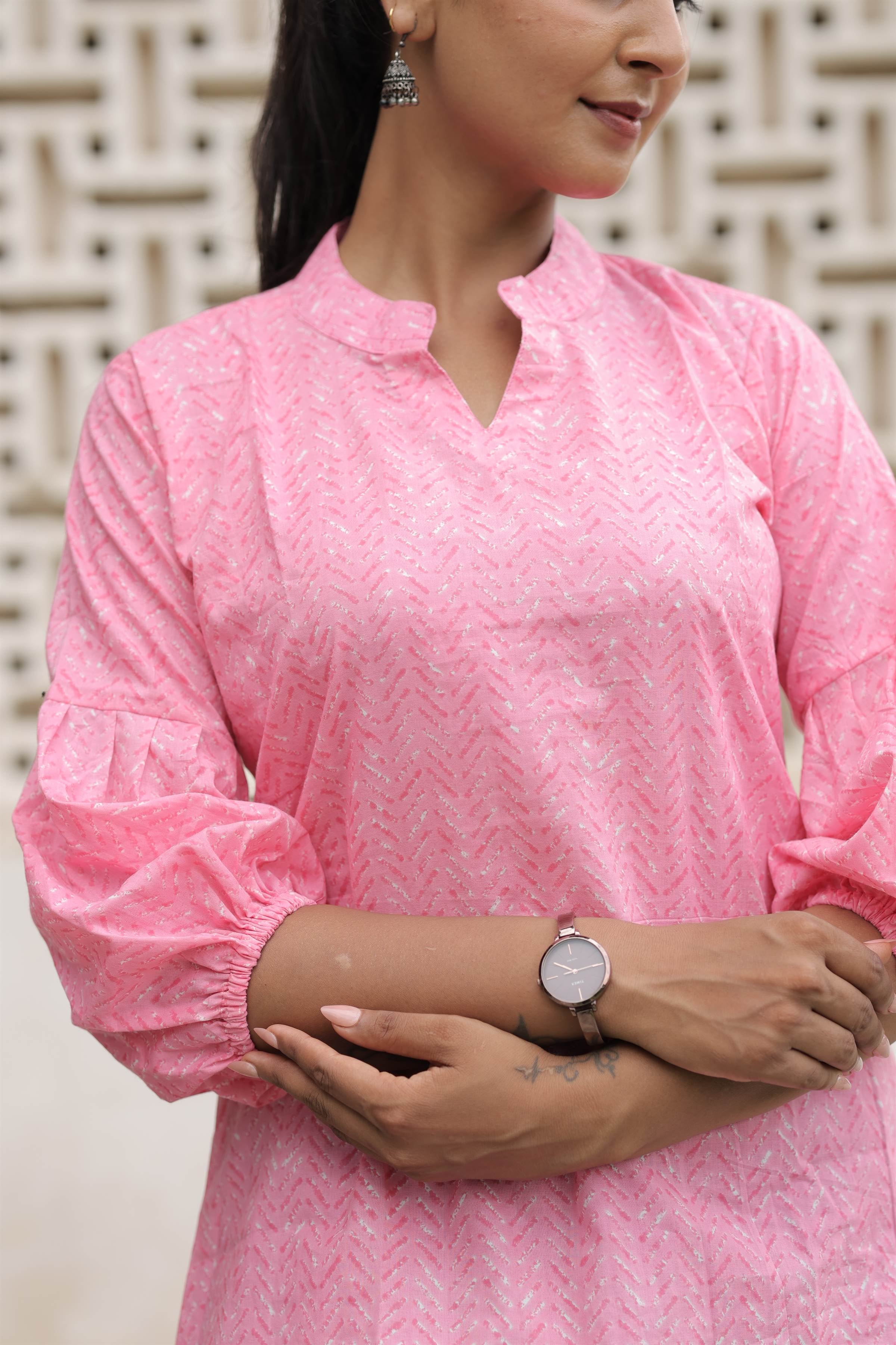 Pink Printed Cotton Flared Top