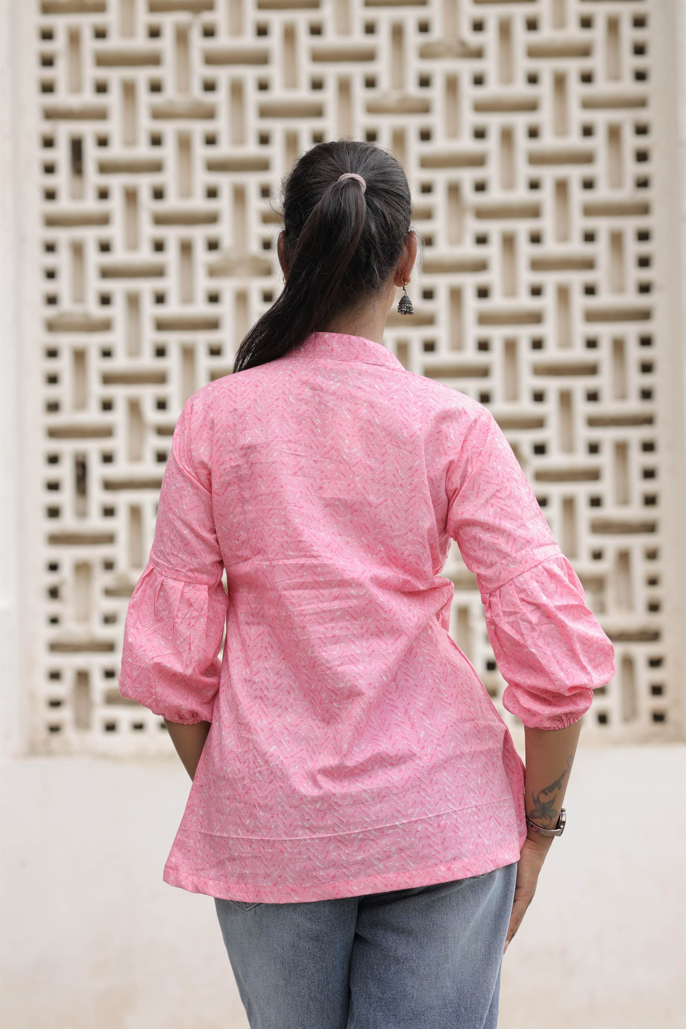 Pink Printed Cotton Flared Top