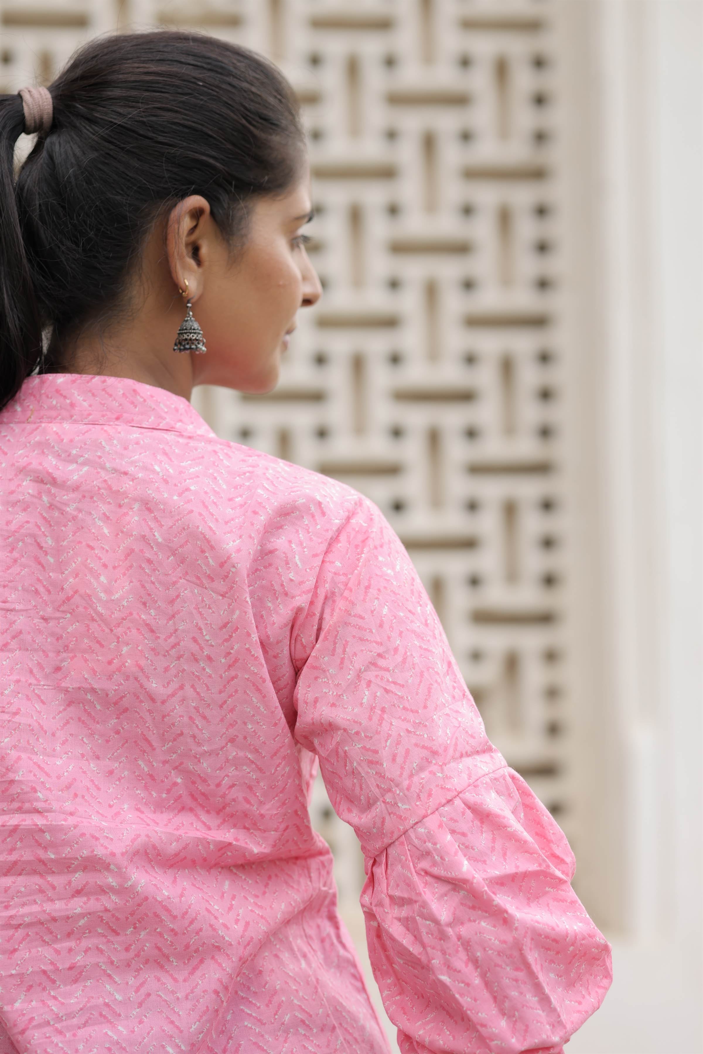 Pink Printed Cotton Flared Top