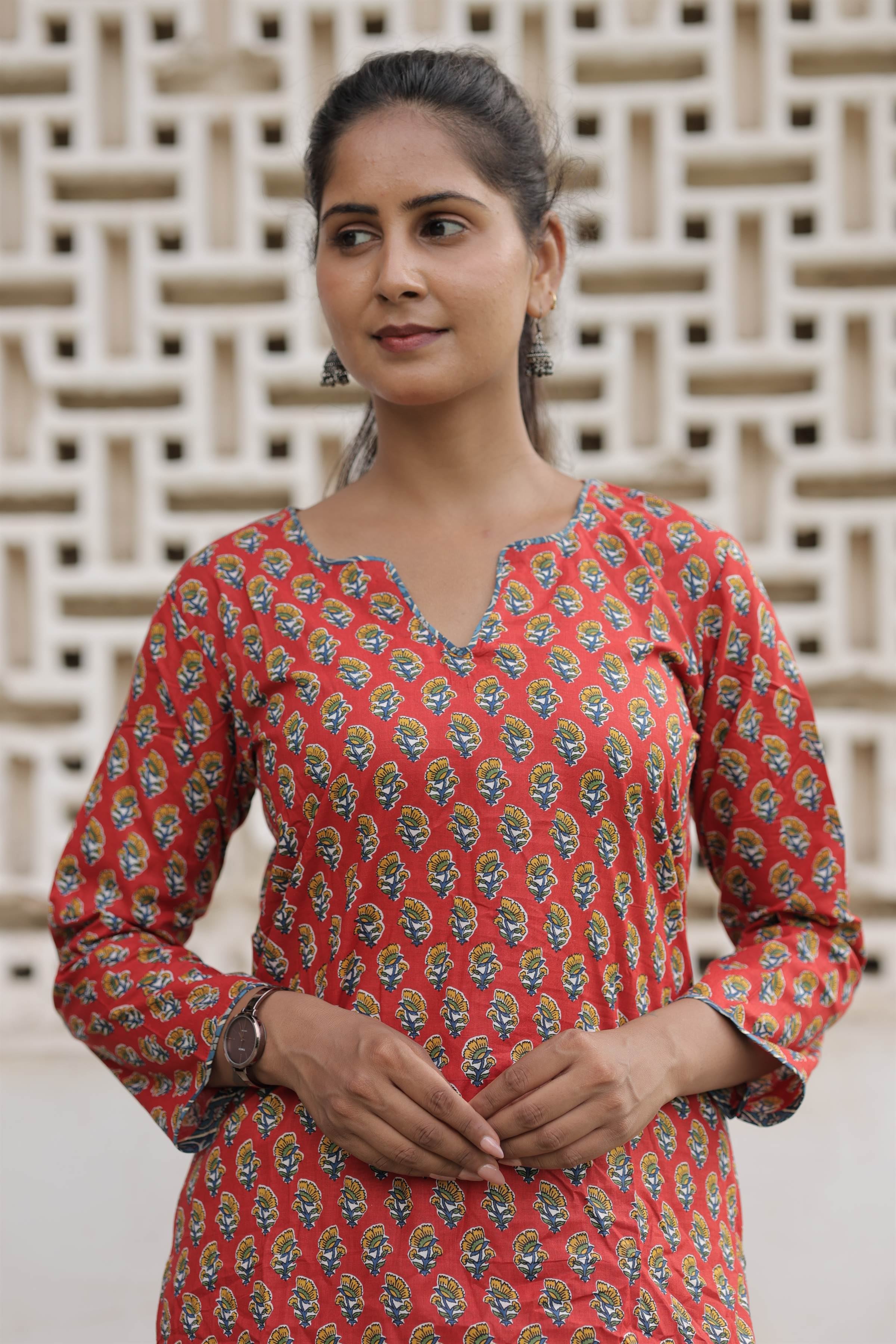 Coral Red Printed Cotton Straight Kurti