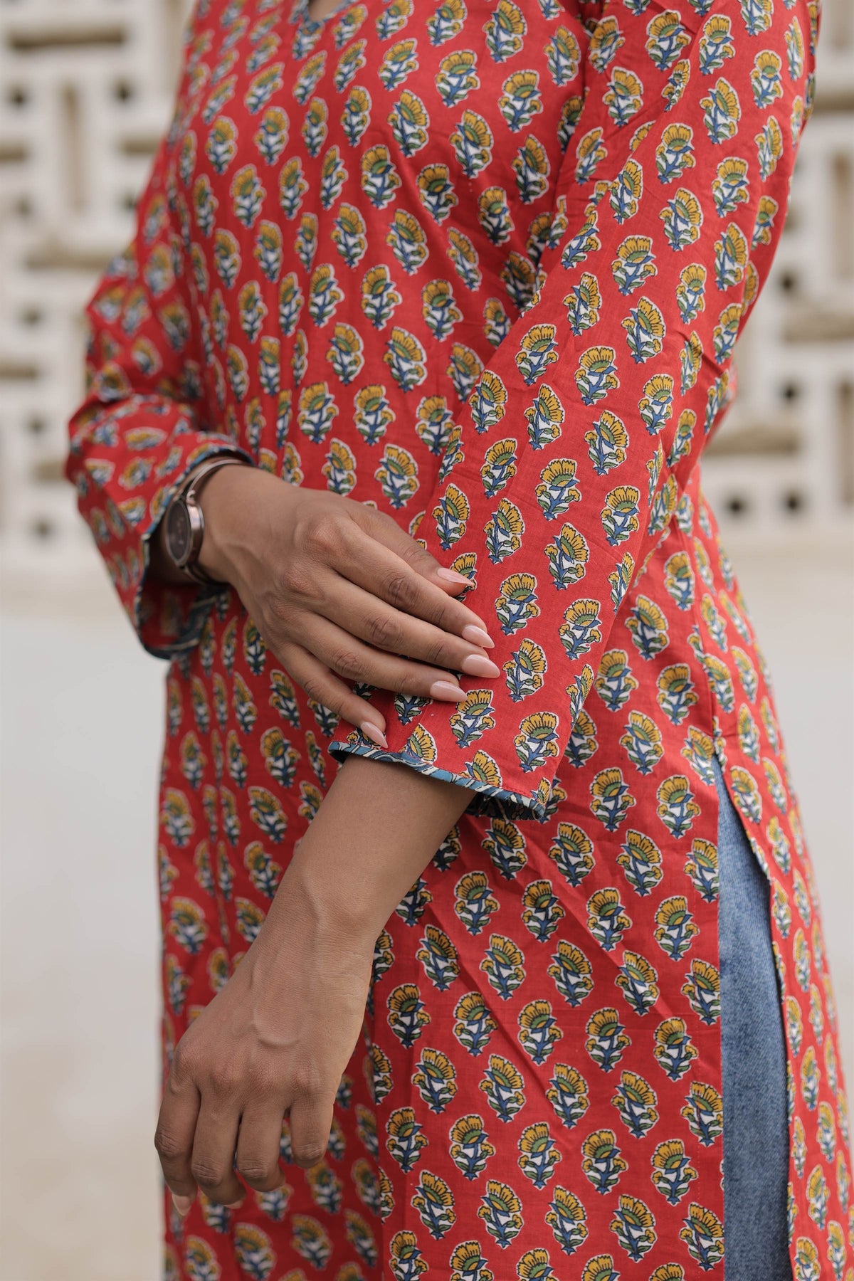 Coral Red Printed Cotton Straight Kurti