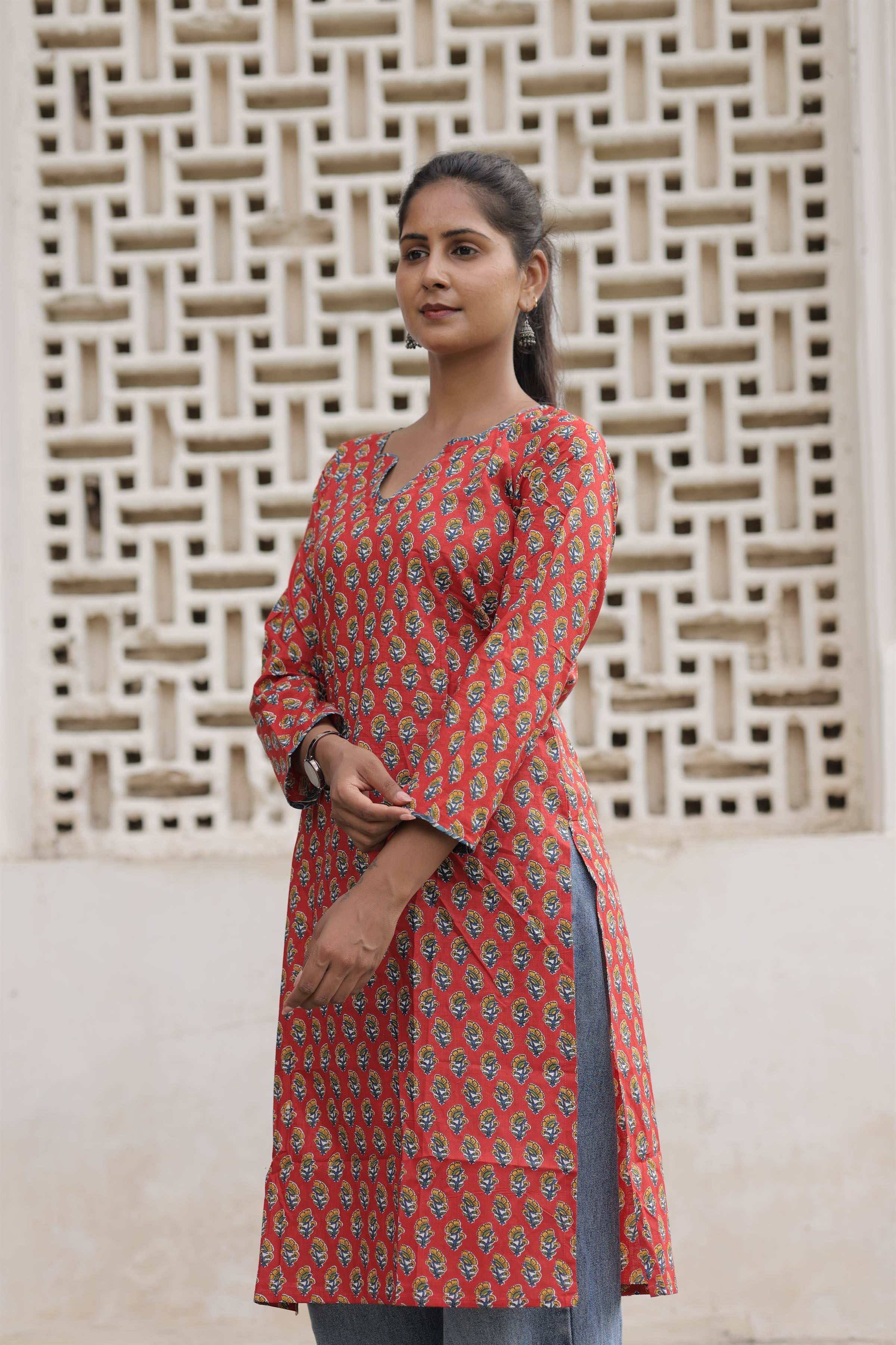 Coral Red Printed Cotton Straight Kurti