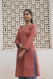 Coral Red Printed Cotton Straight Kurti