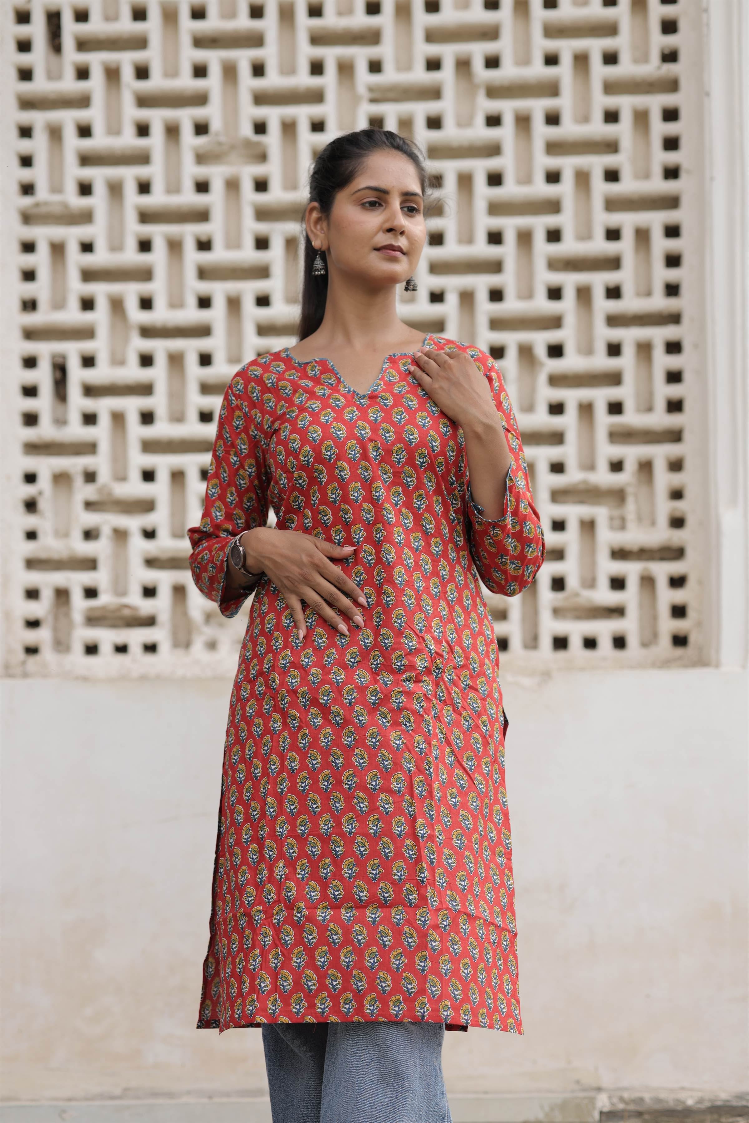 Coral Red Printed Cotton Straight Kurti