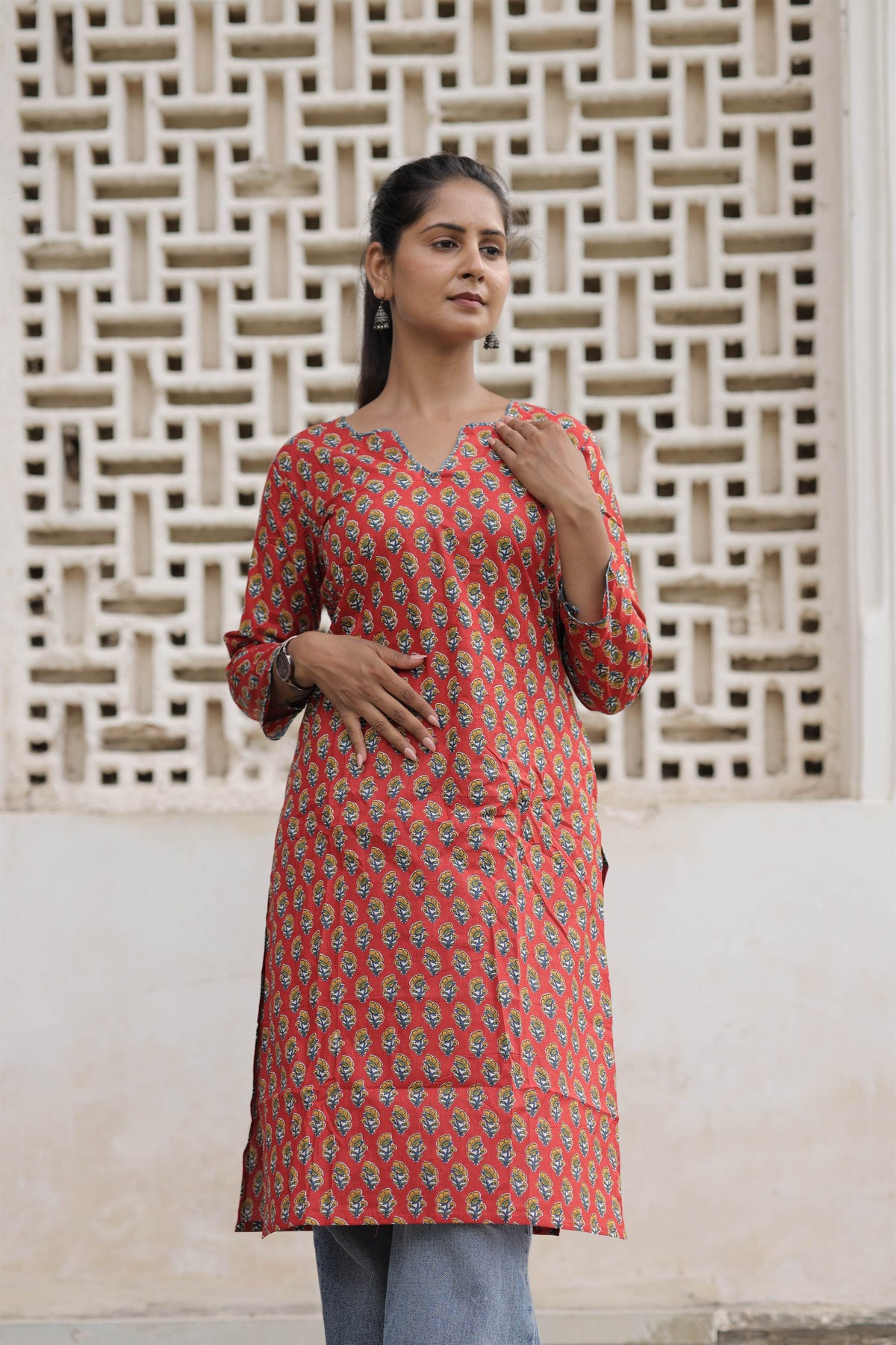 Coral Red Printed Cotton Straight Kurti