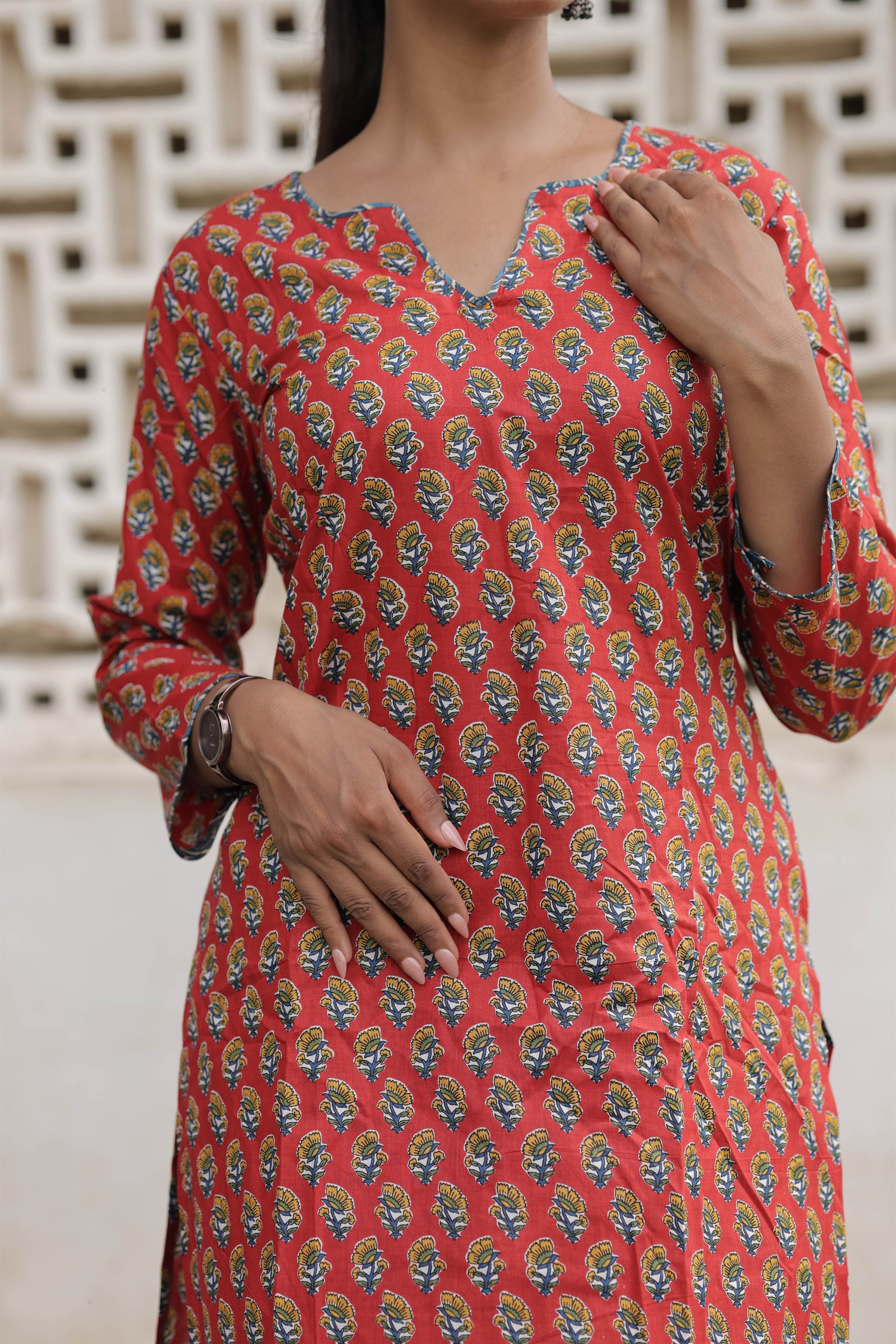 Coral Red Printed Cotton Straight Kurti