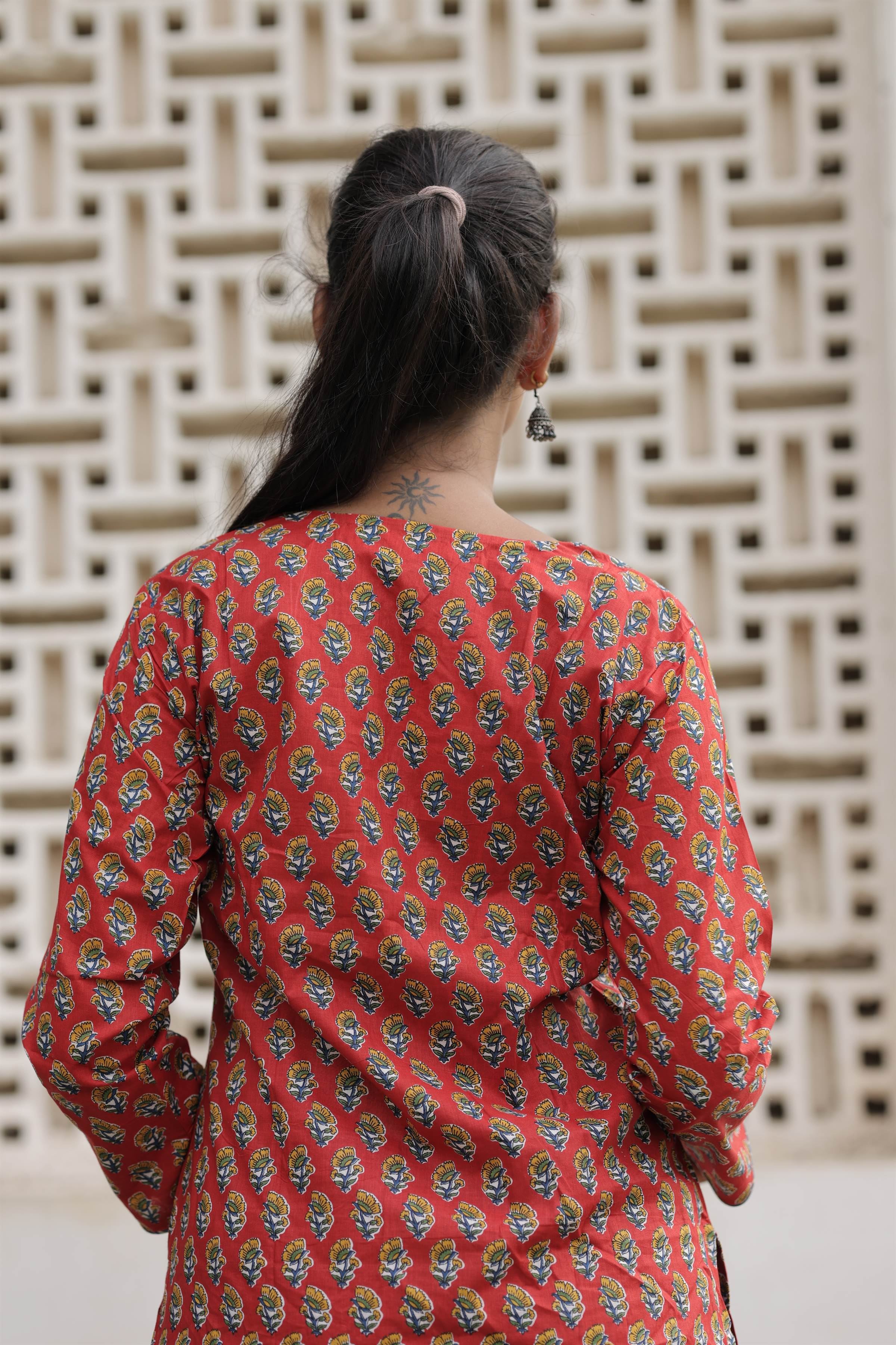 Coral Red Printed Cotton Straight Kurti