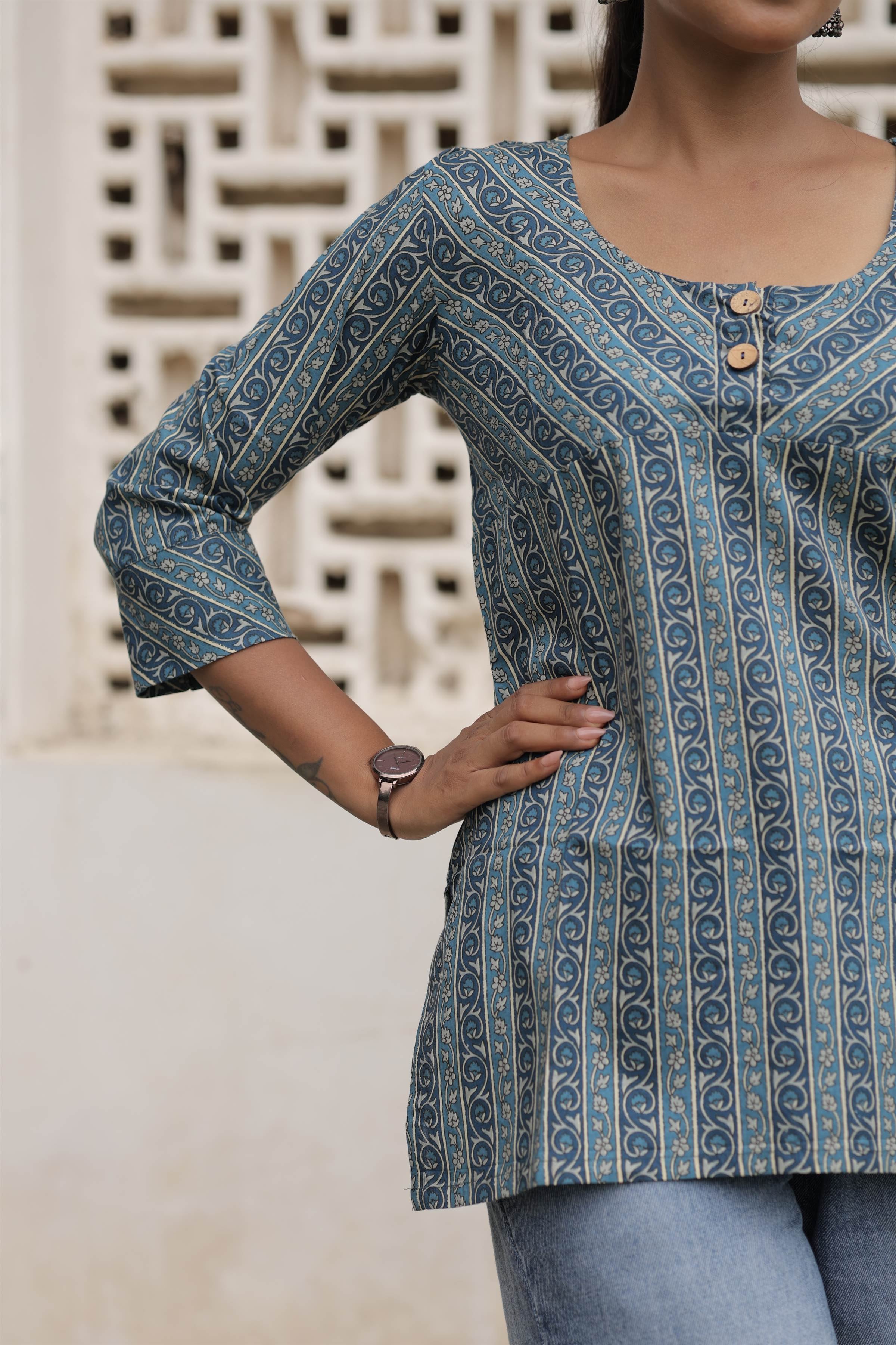 Blue Printed Cotton Flared Top