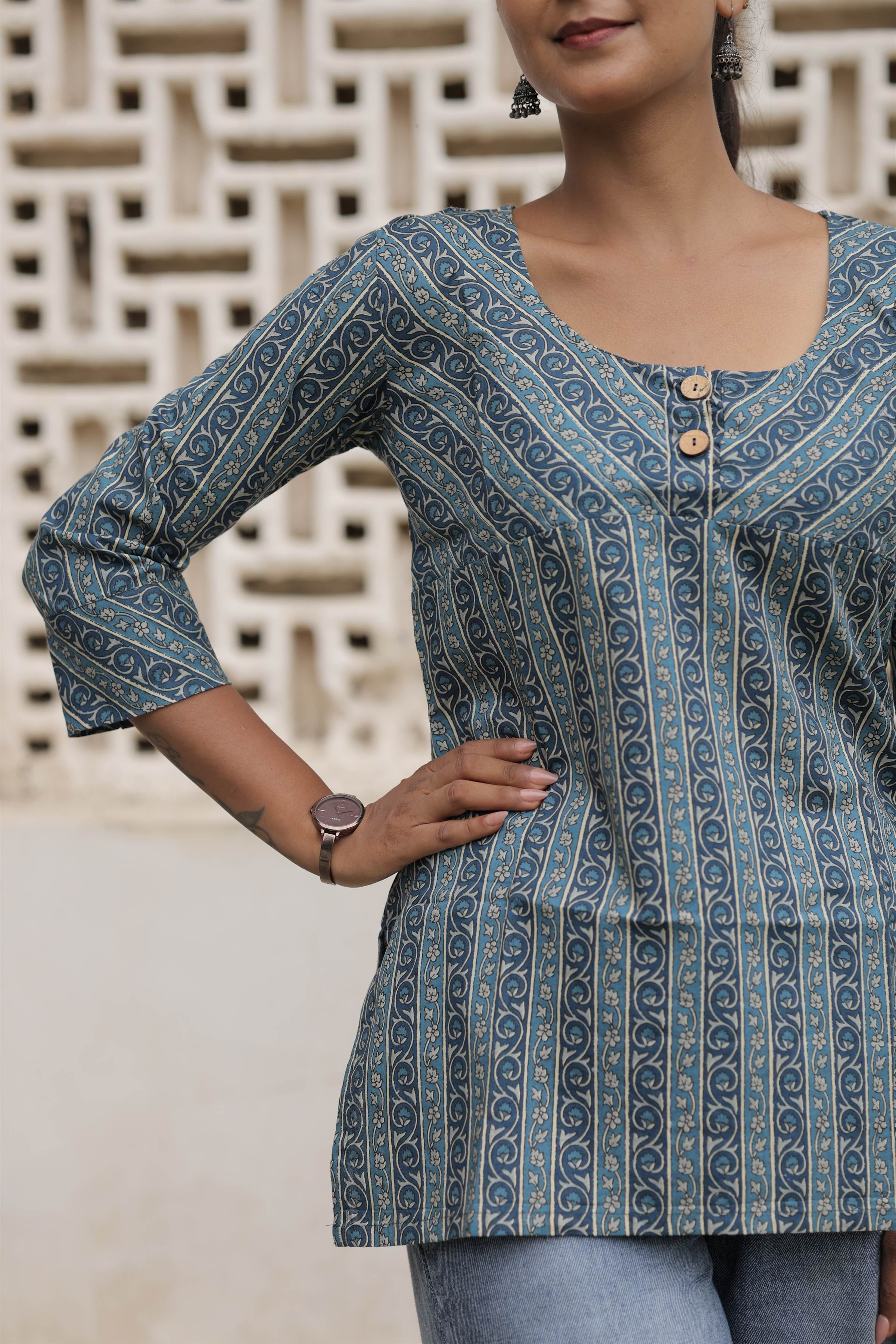 Blue Printed Cotton Flared Top