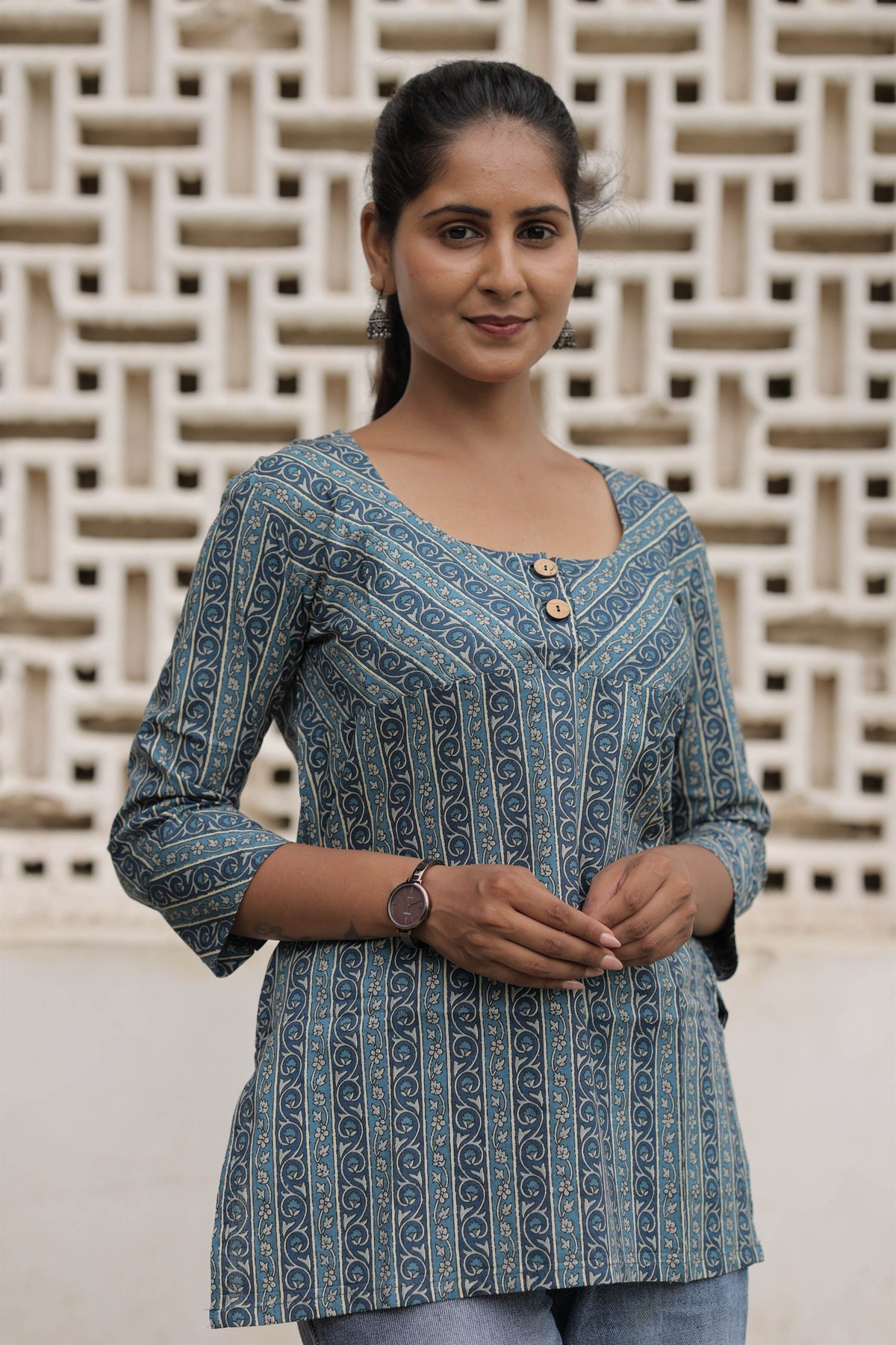 Blue Printed Cotton Flared Top