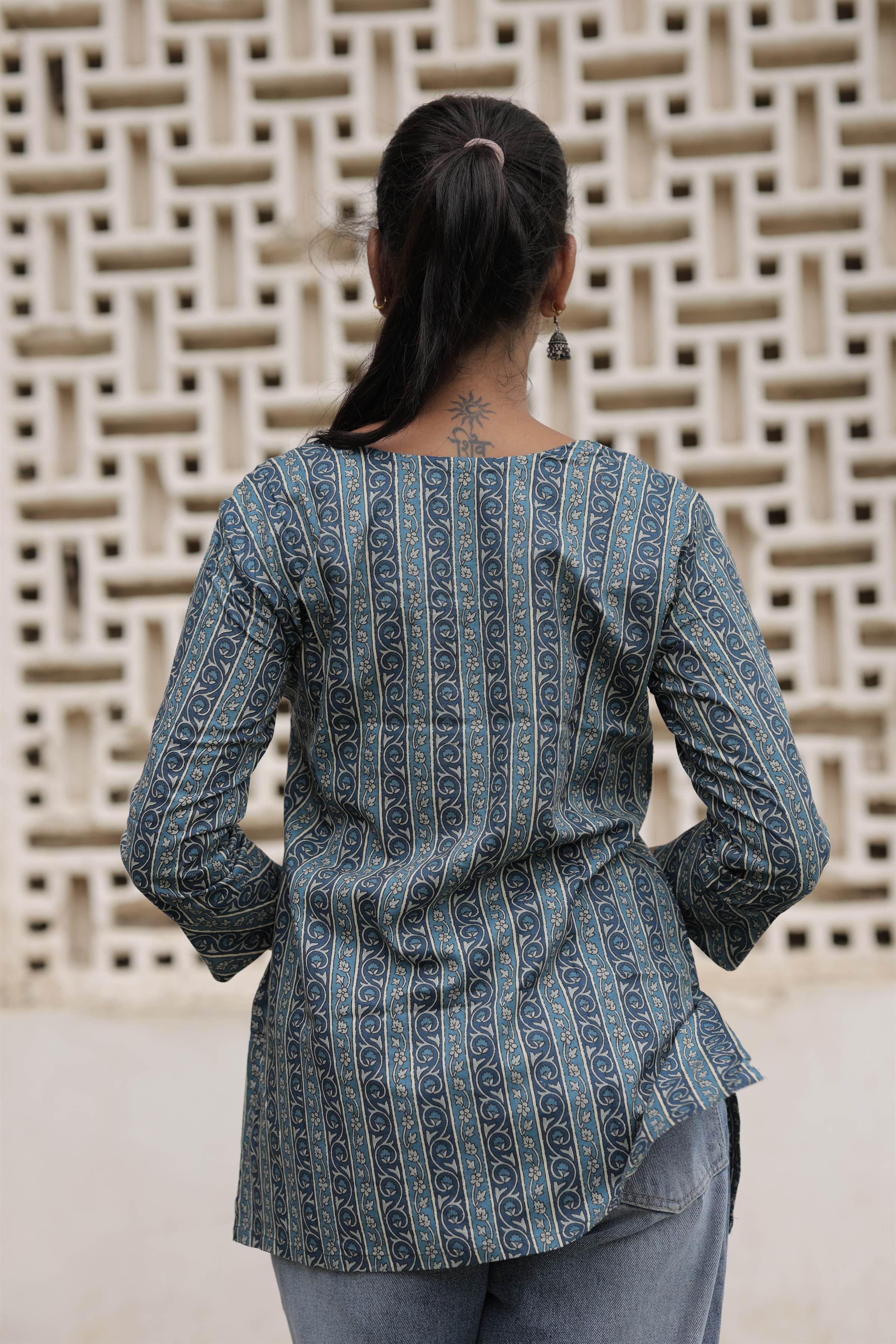 Blue Printed Cotton Flared Top
