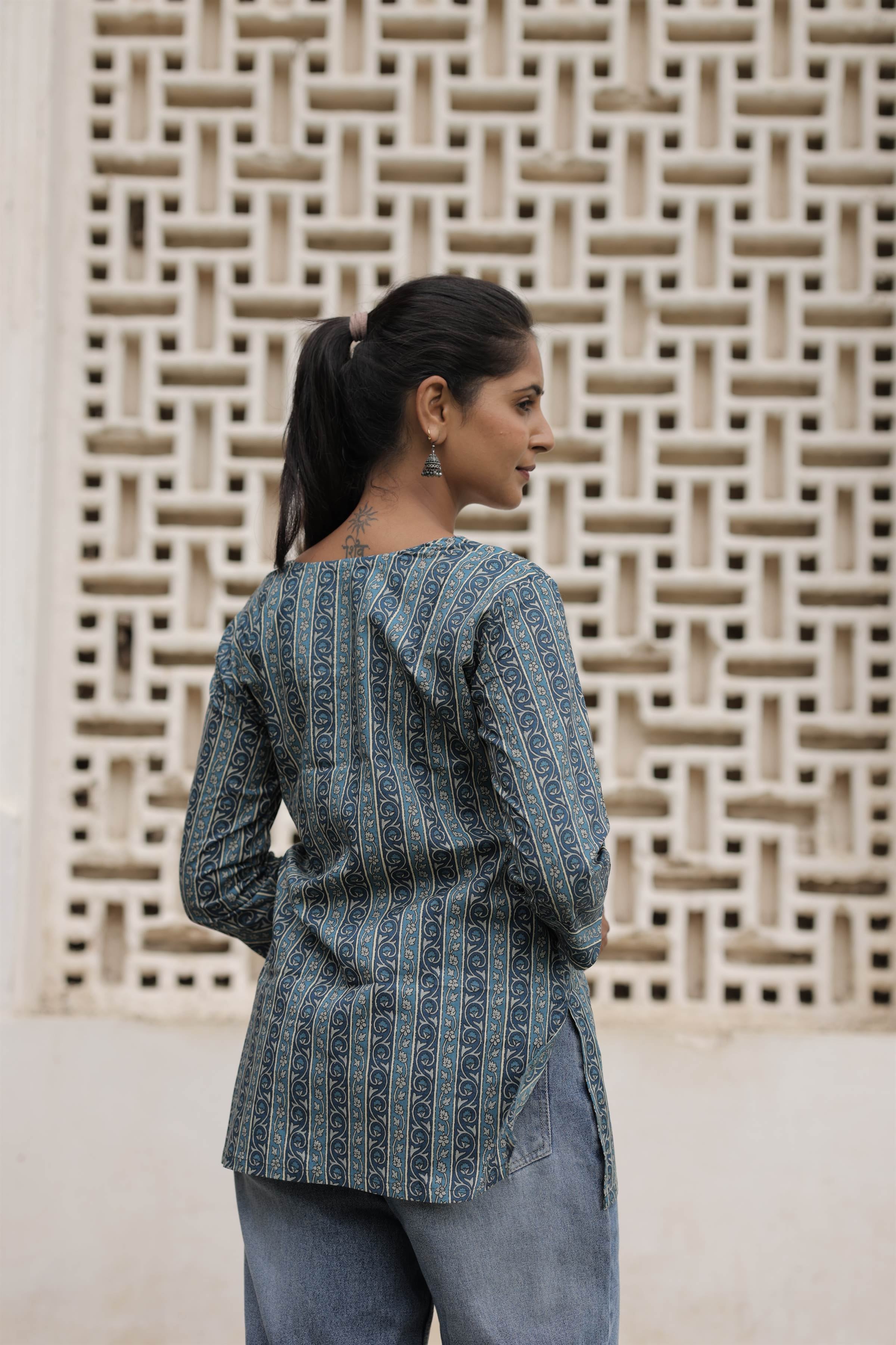 Blue Printed Cotton Flared Top