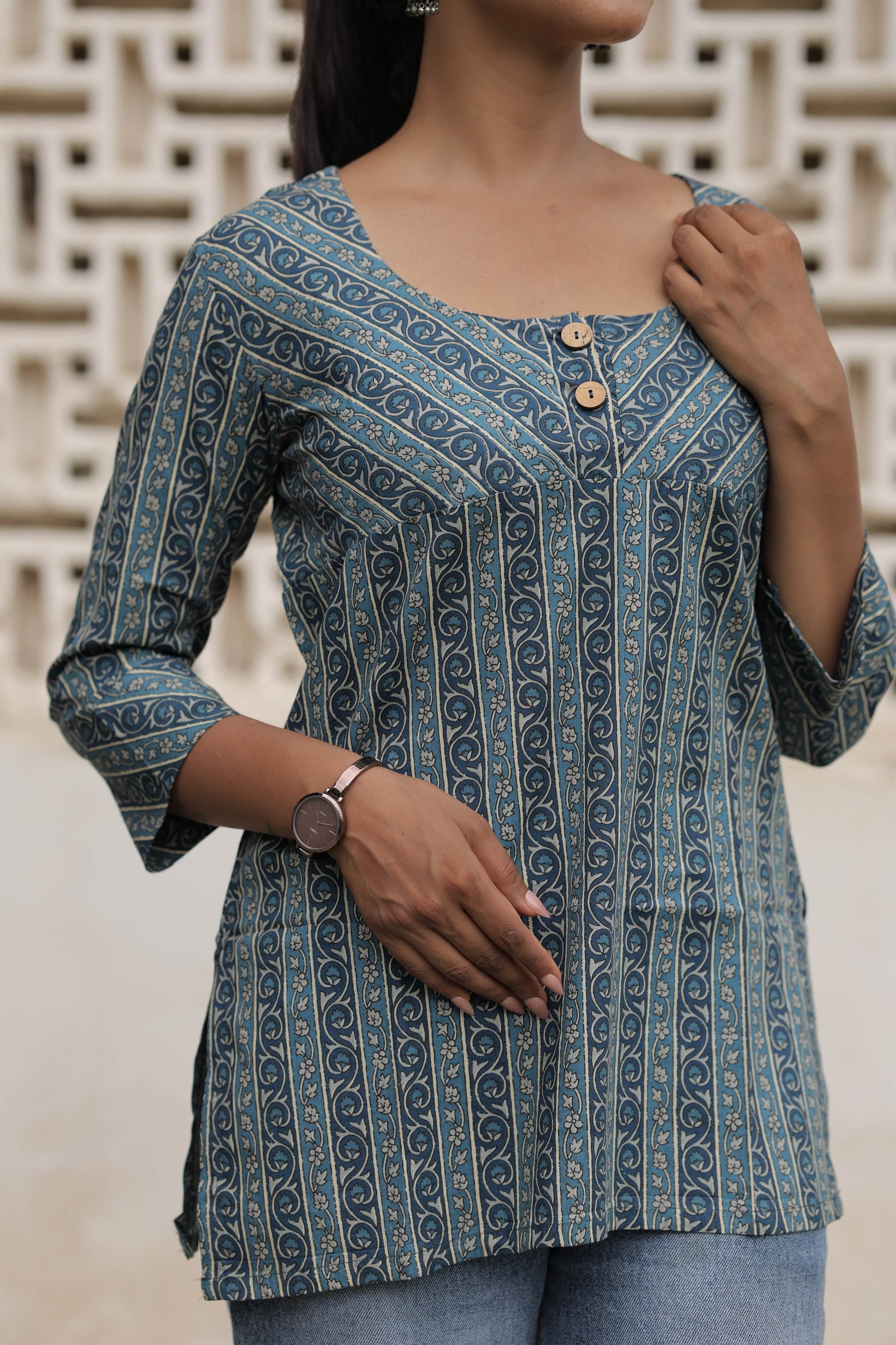 Blue Printed Cotton Flared Top