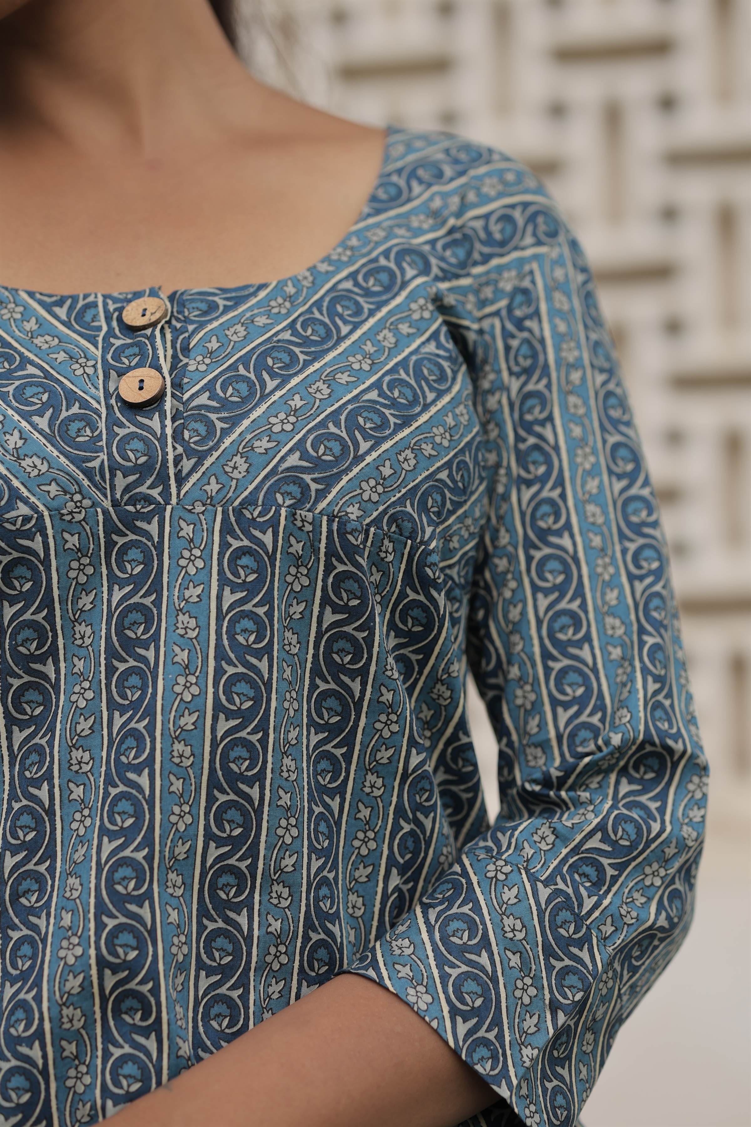 Blue Printed Cotton Flared Top