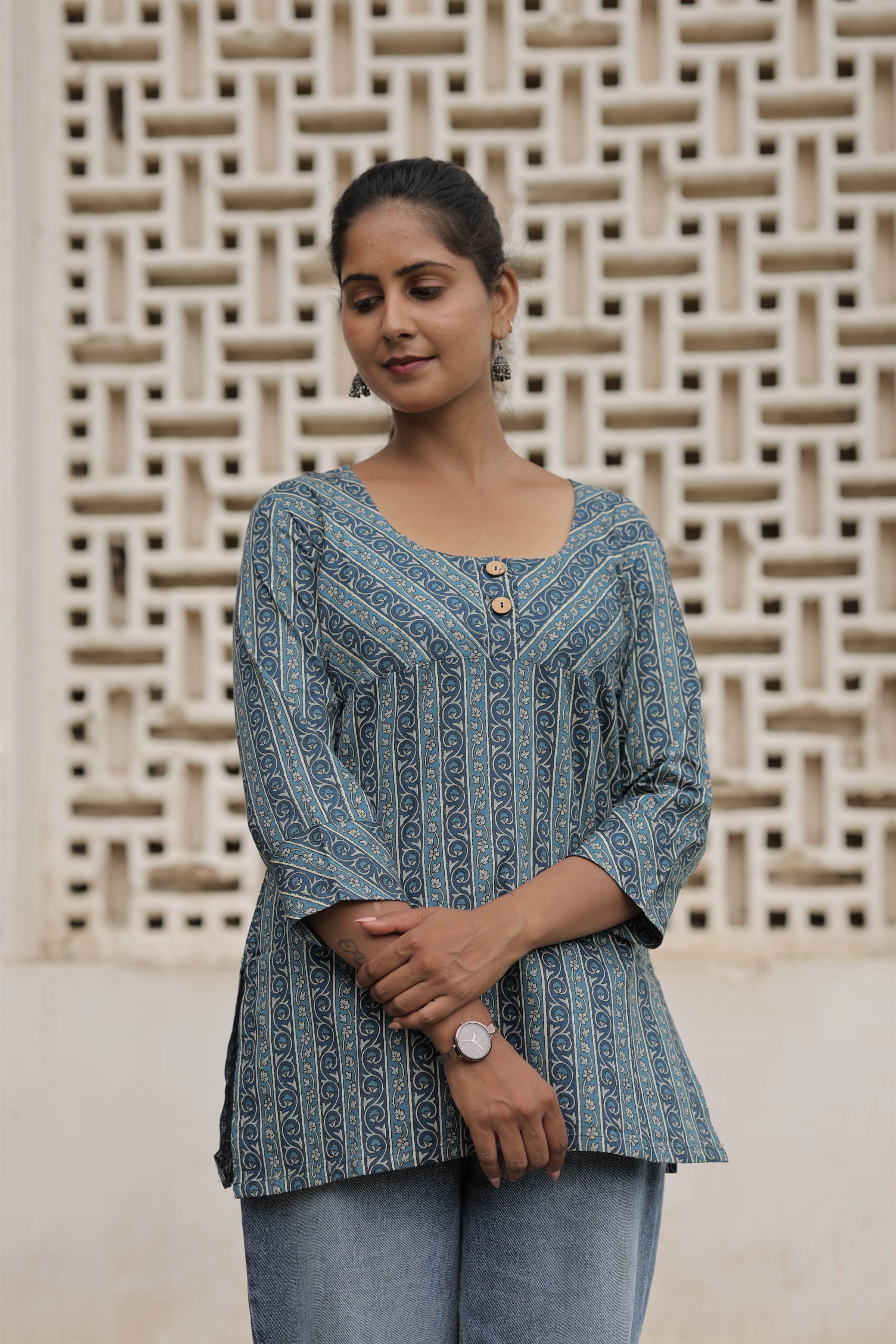 Blue Printed Cotton Flared Top