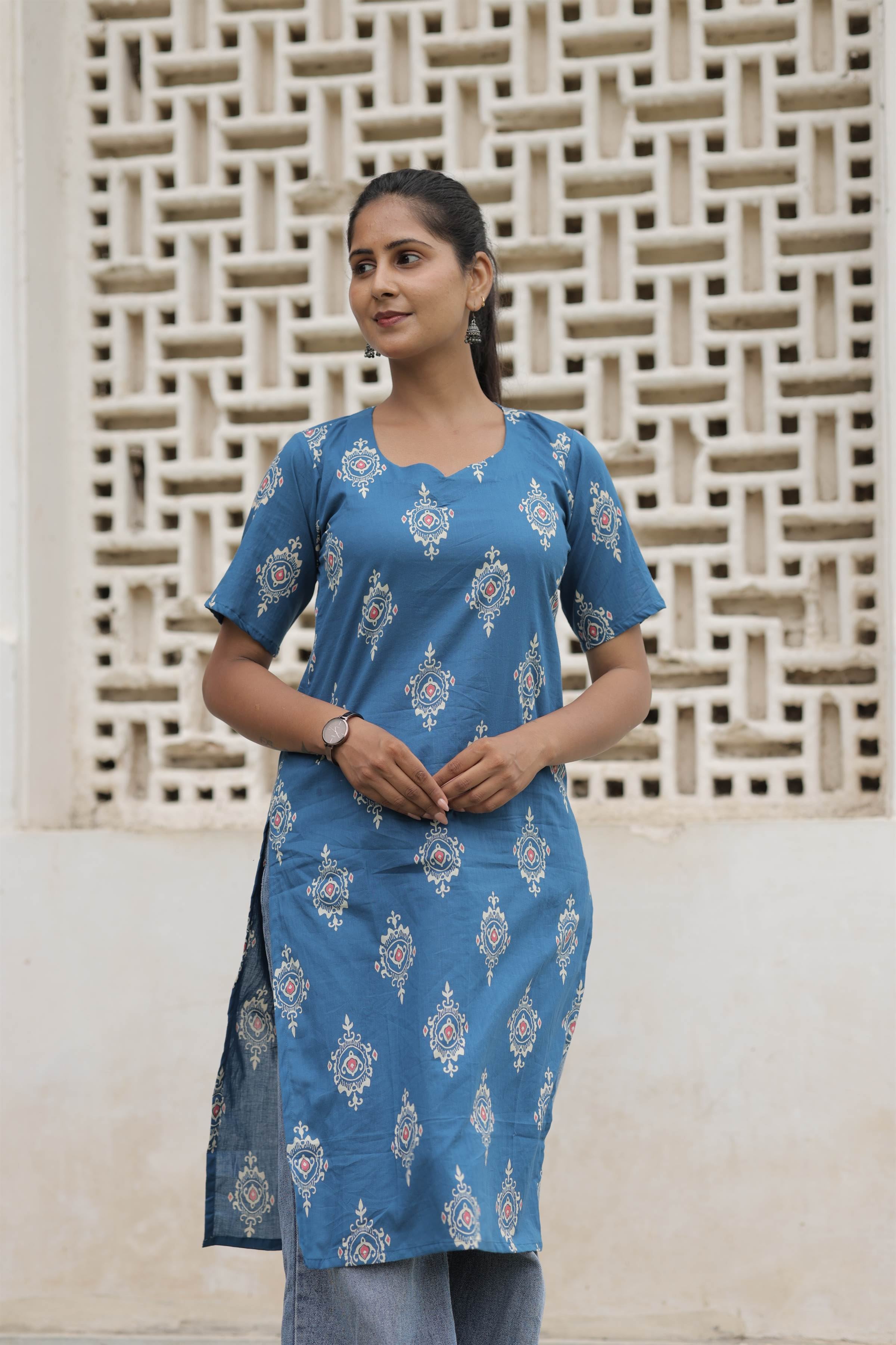 Blue Printed Cotton Straight Kurti