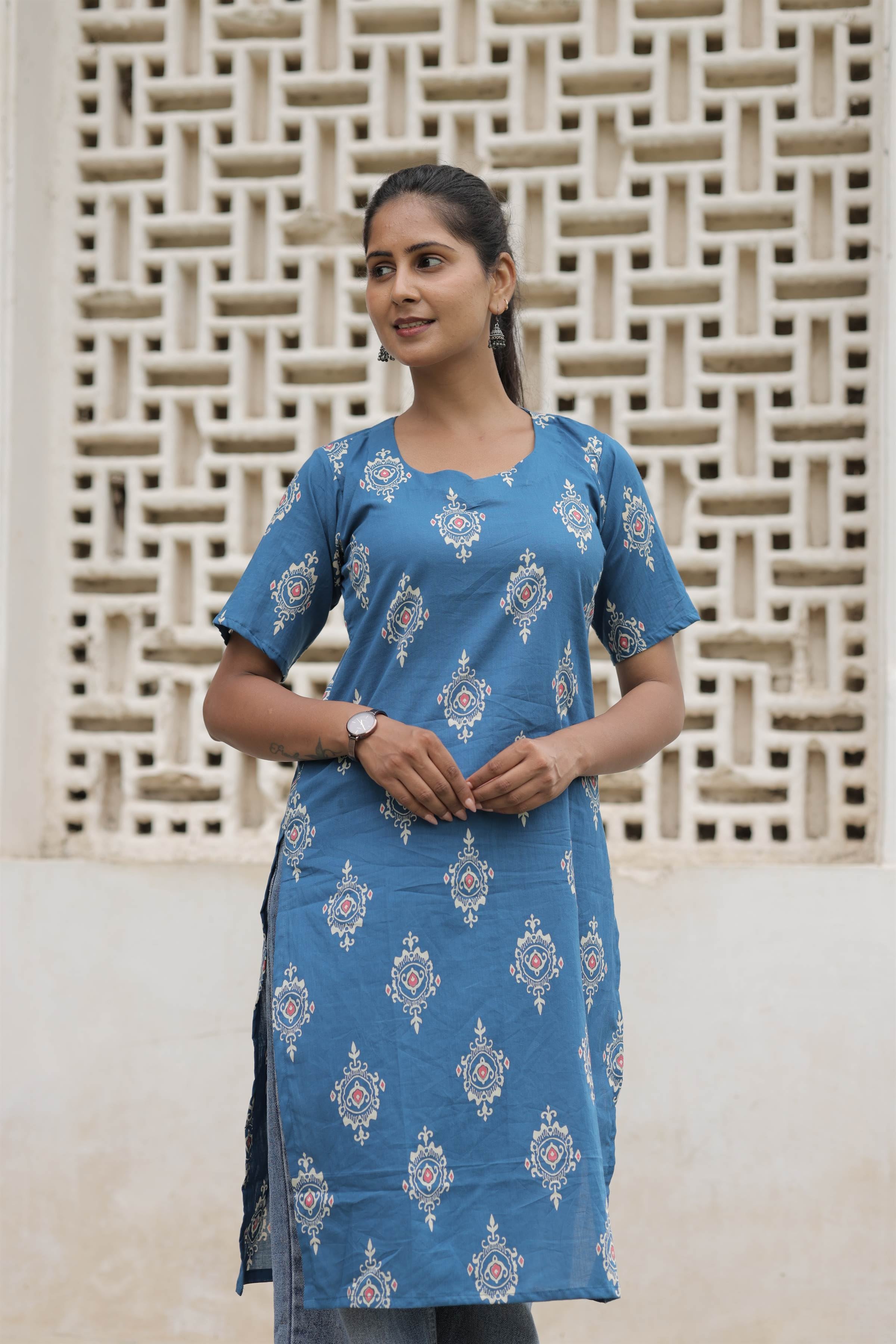 Blue Printed Cotton Straight Kurti