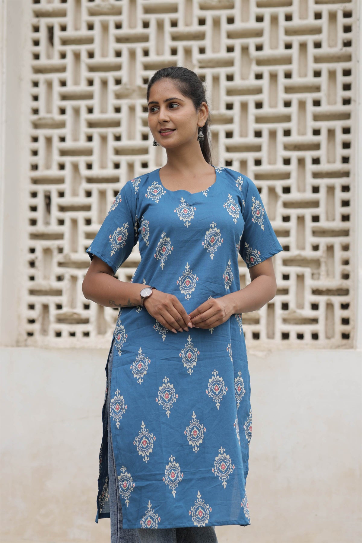 Blue Printed Cotton Straight Kurti
