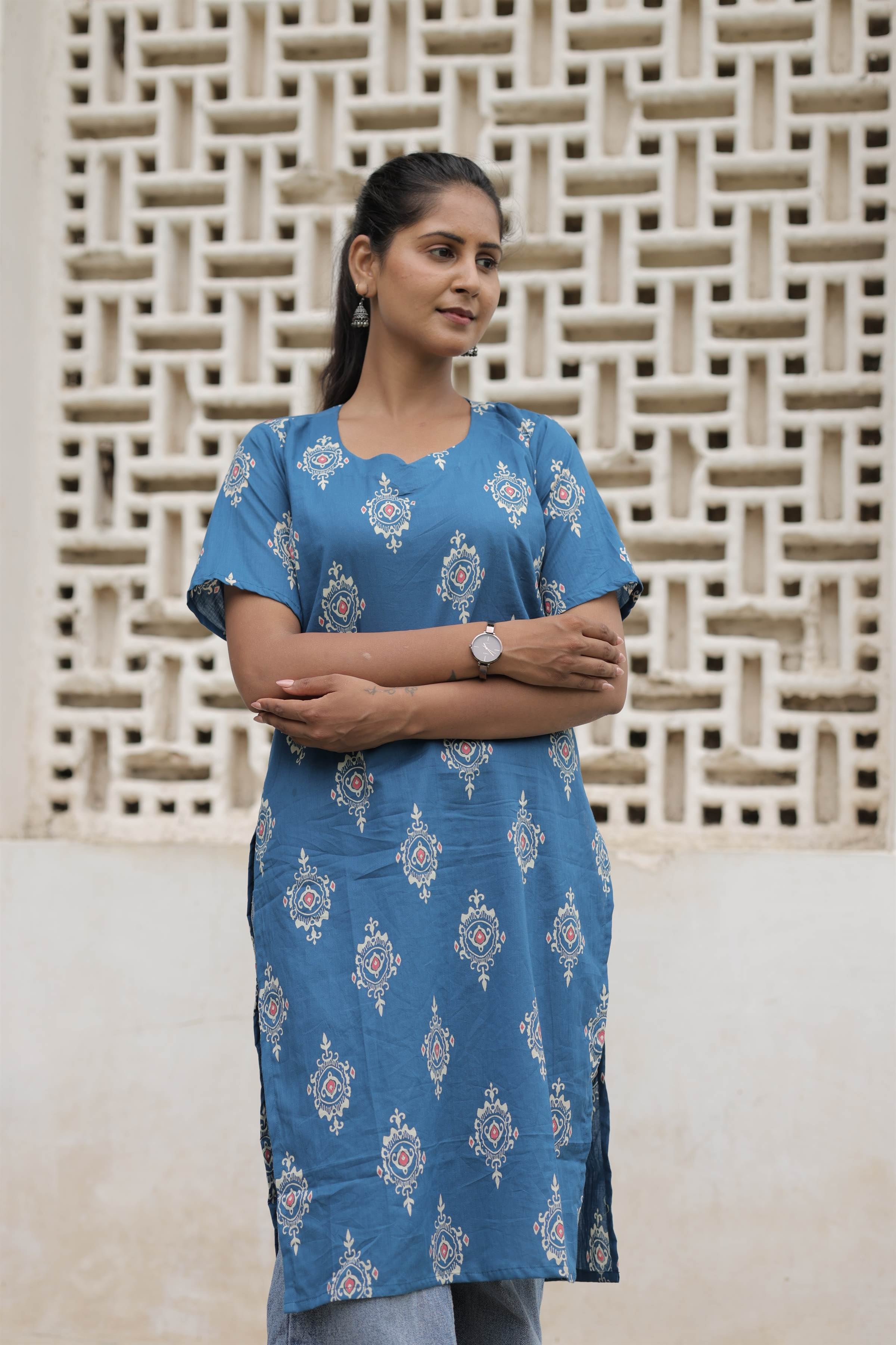 Blue Printed Cotton Straight Kurti