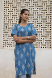 Blue Printed Cotton Straight Kurti