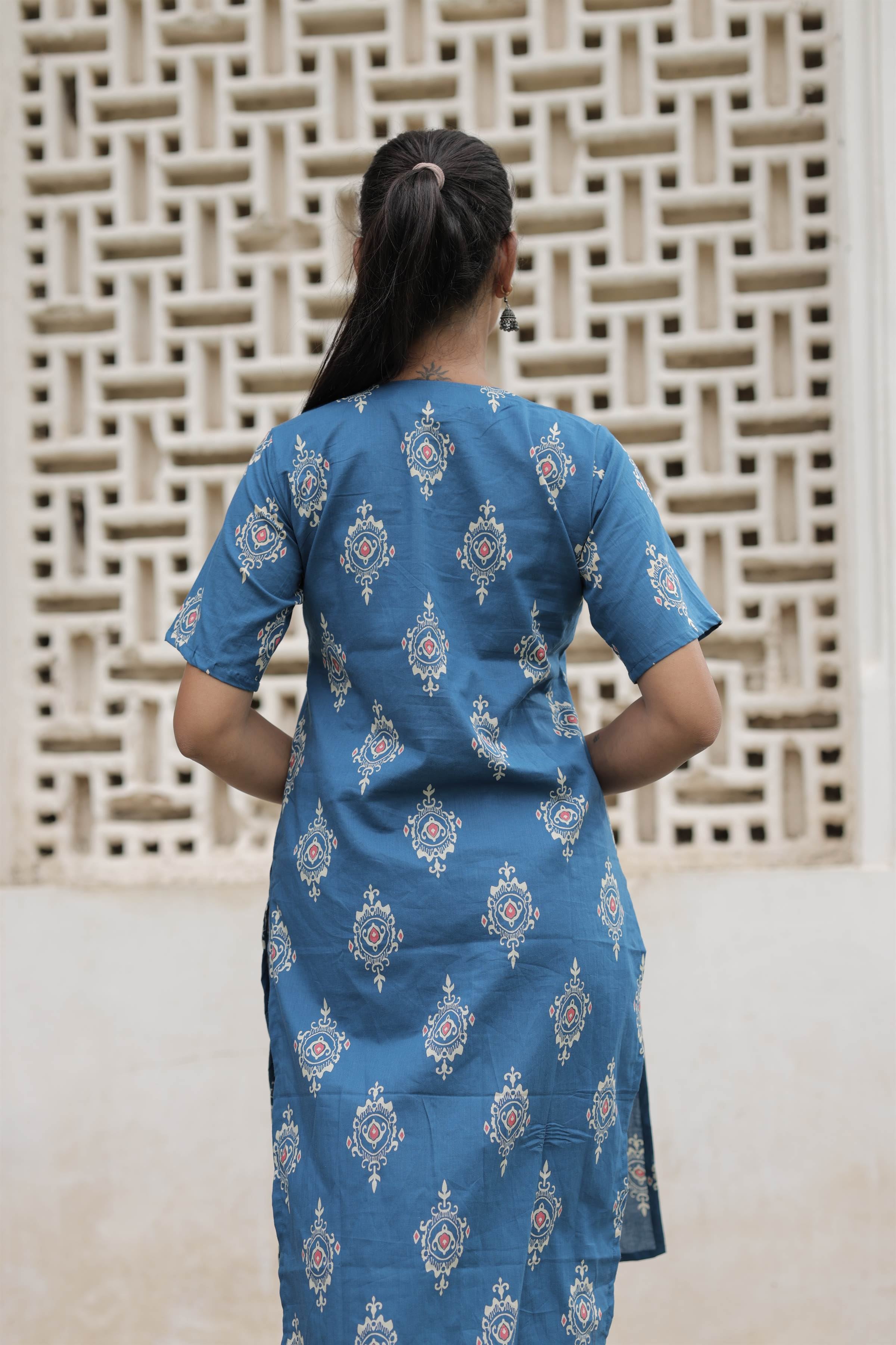 Blue Printed Cotton Straight Kurti