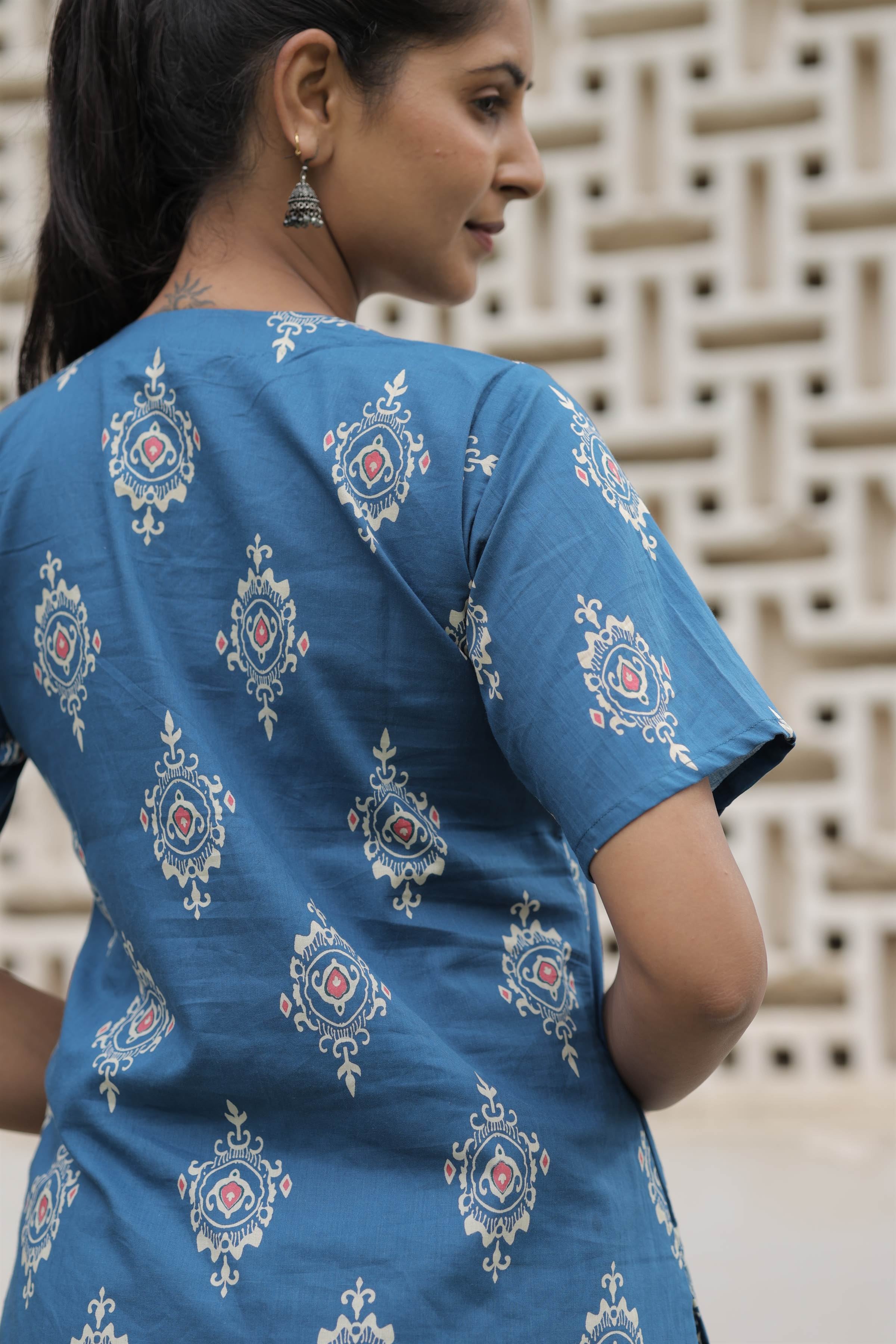 Blue Printed Cotton Straight Kurti
