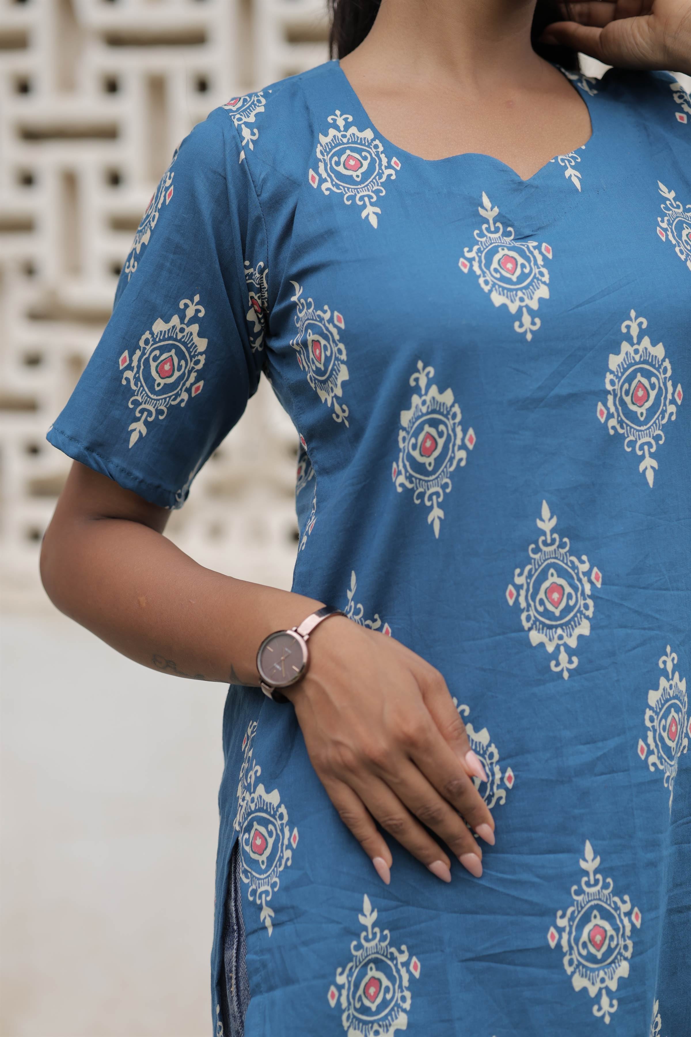 Blue Printed Cotton Straight Kurti