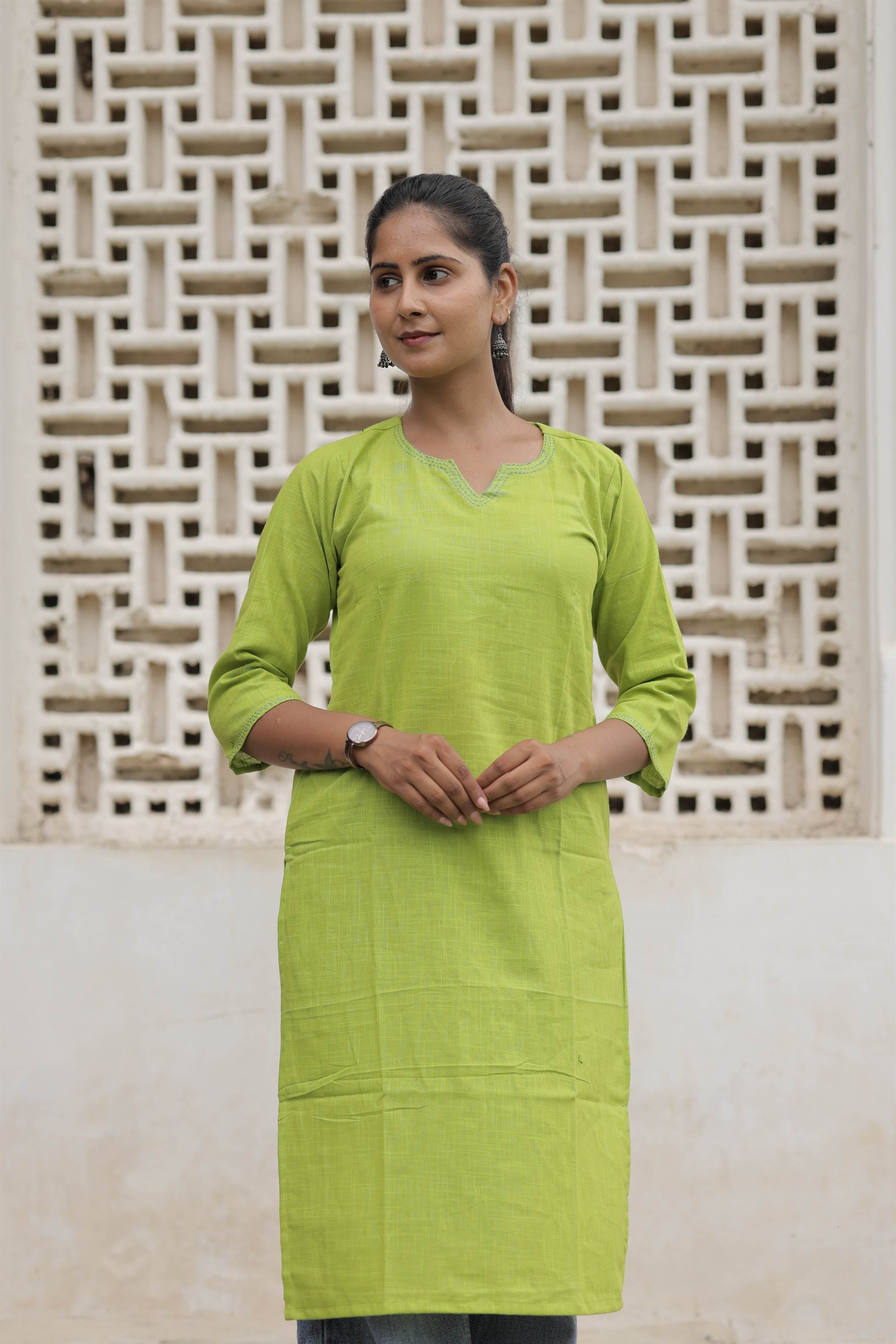 Lime Green Cotton Slub Embroidered Straight Kurta