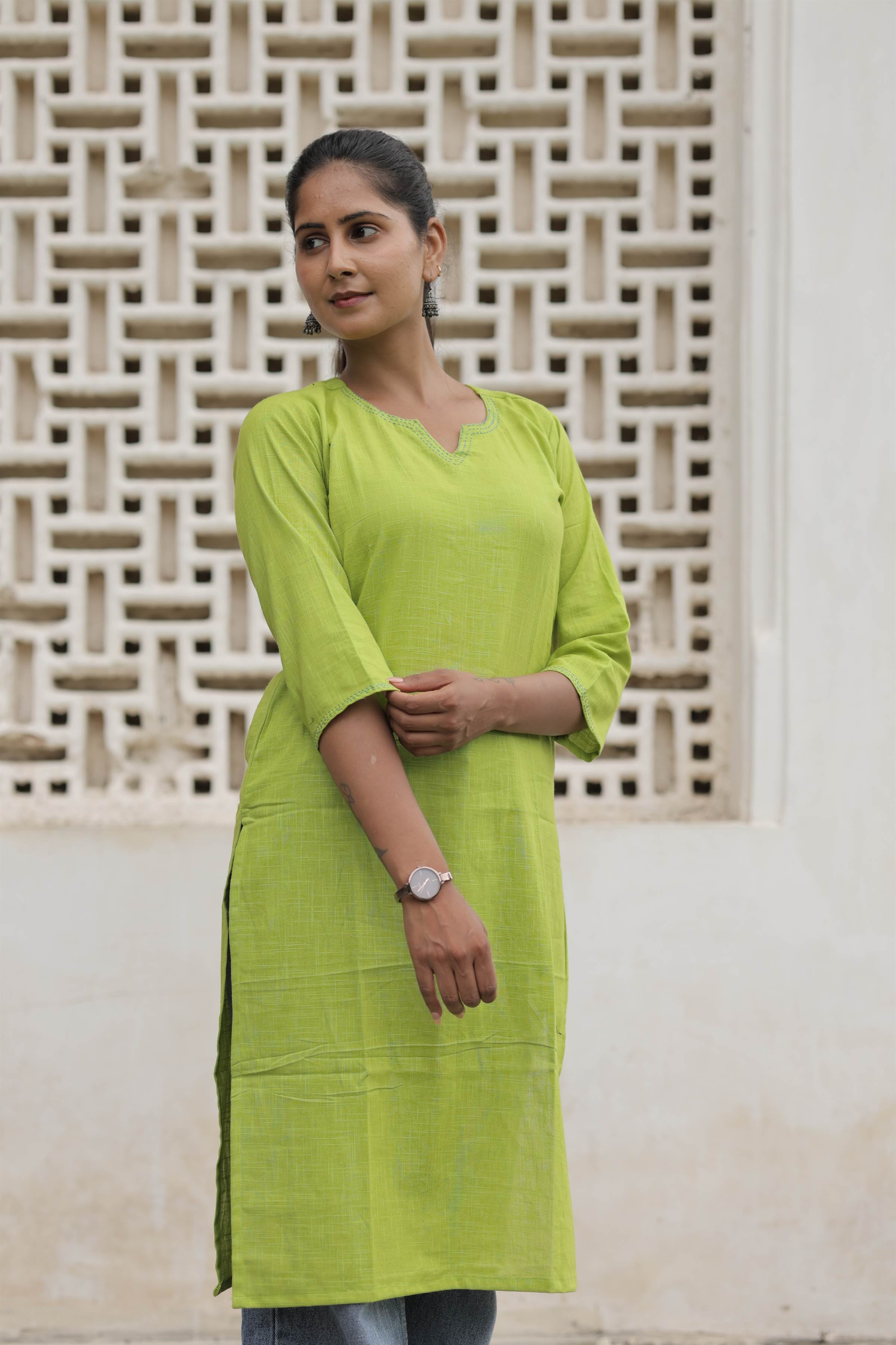 Lime Green Cotton Slub Embroidered Straight Kurta