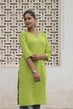 Lime Green Cotton Slub Embroidered Straight Kurta