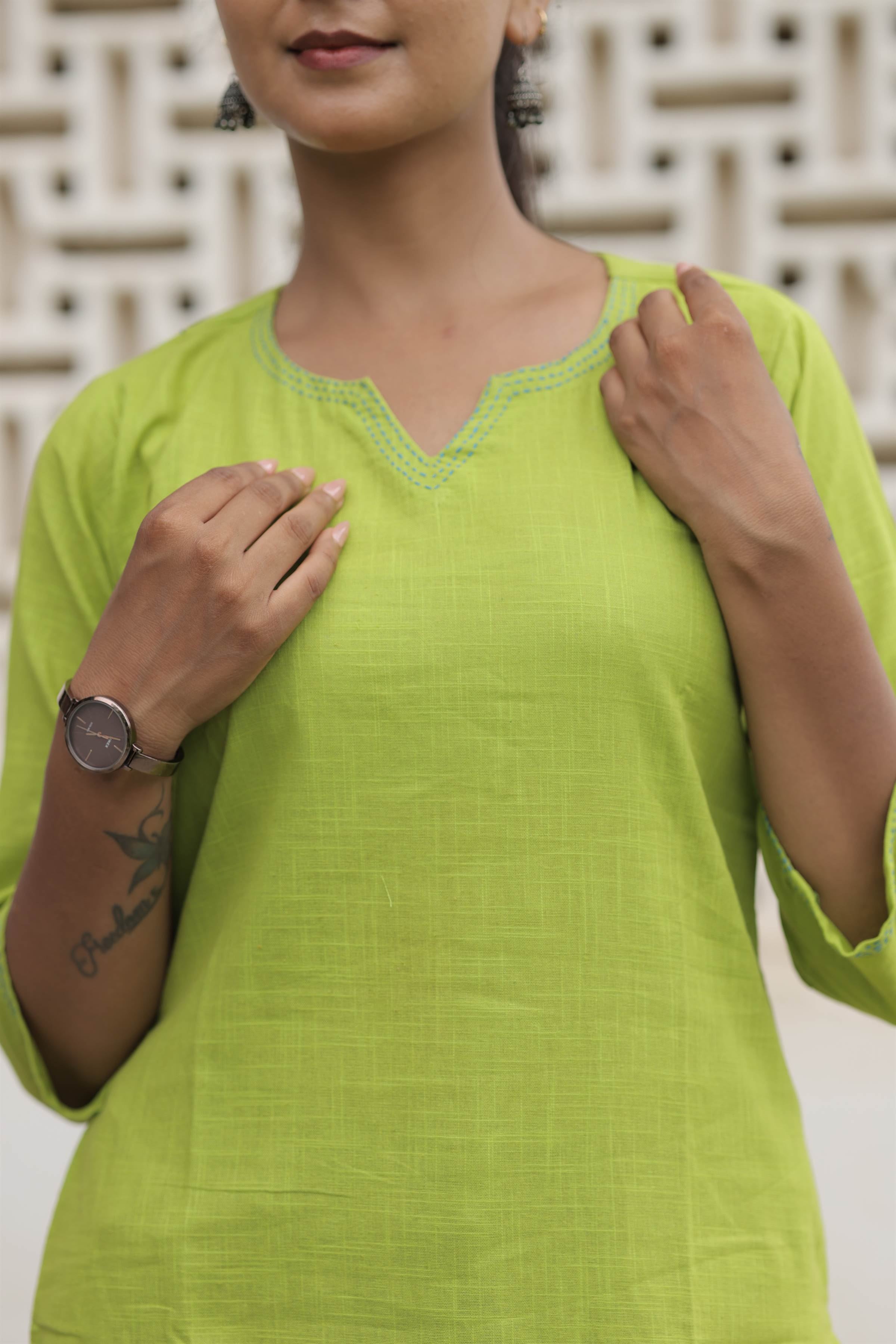 Lime Green Cotton Slub Embroidered Straight Kurta