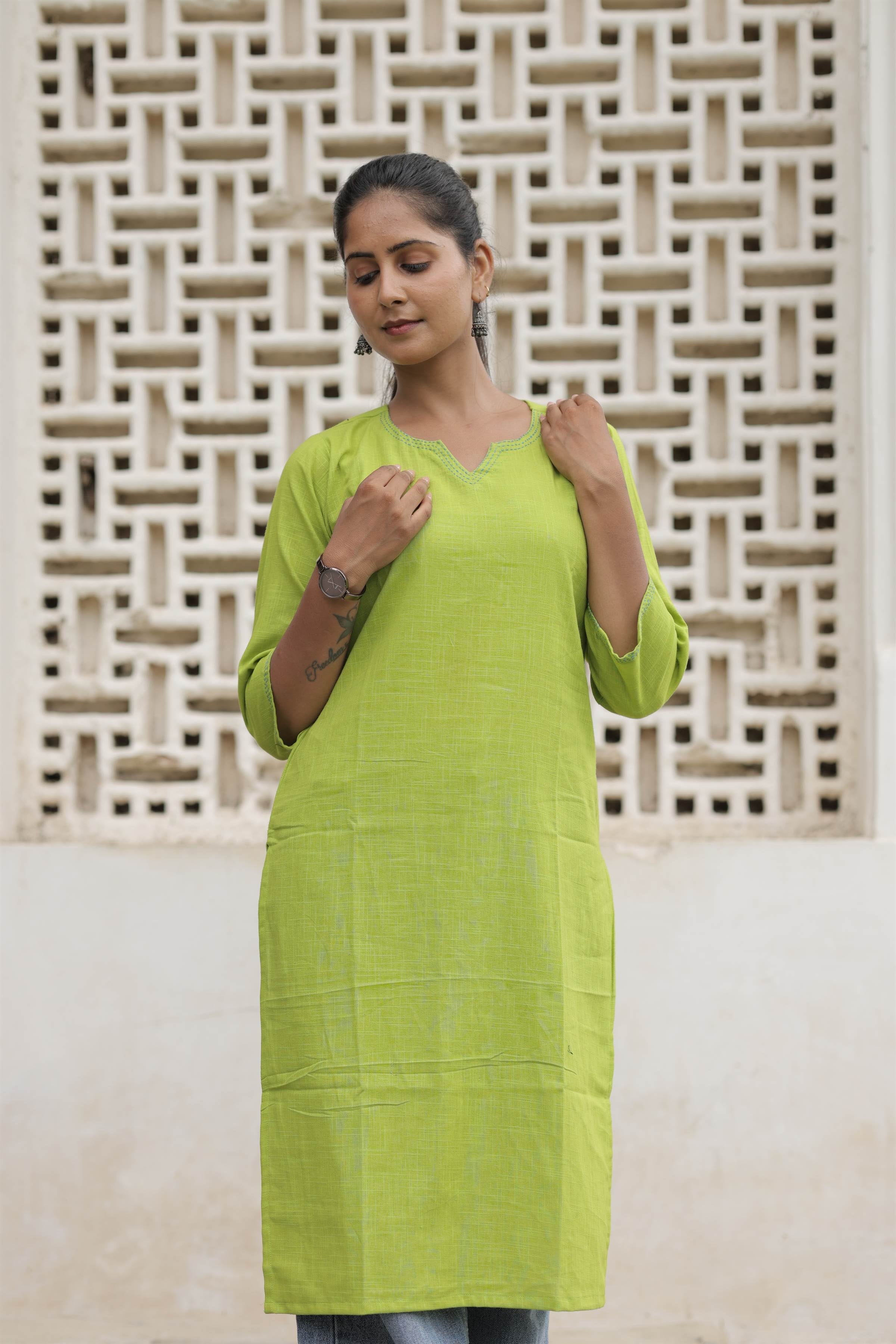 Lime Green Cotton Slub Embroidered Straight Kurta