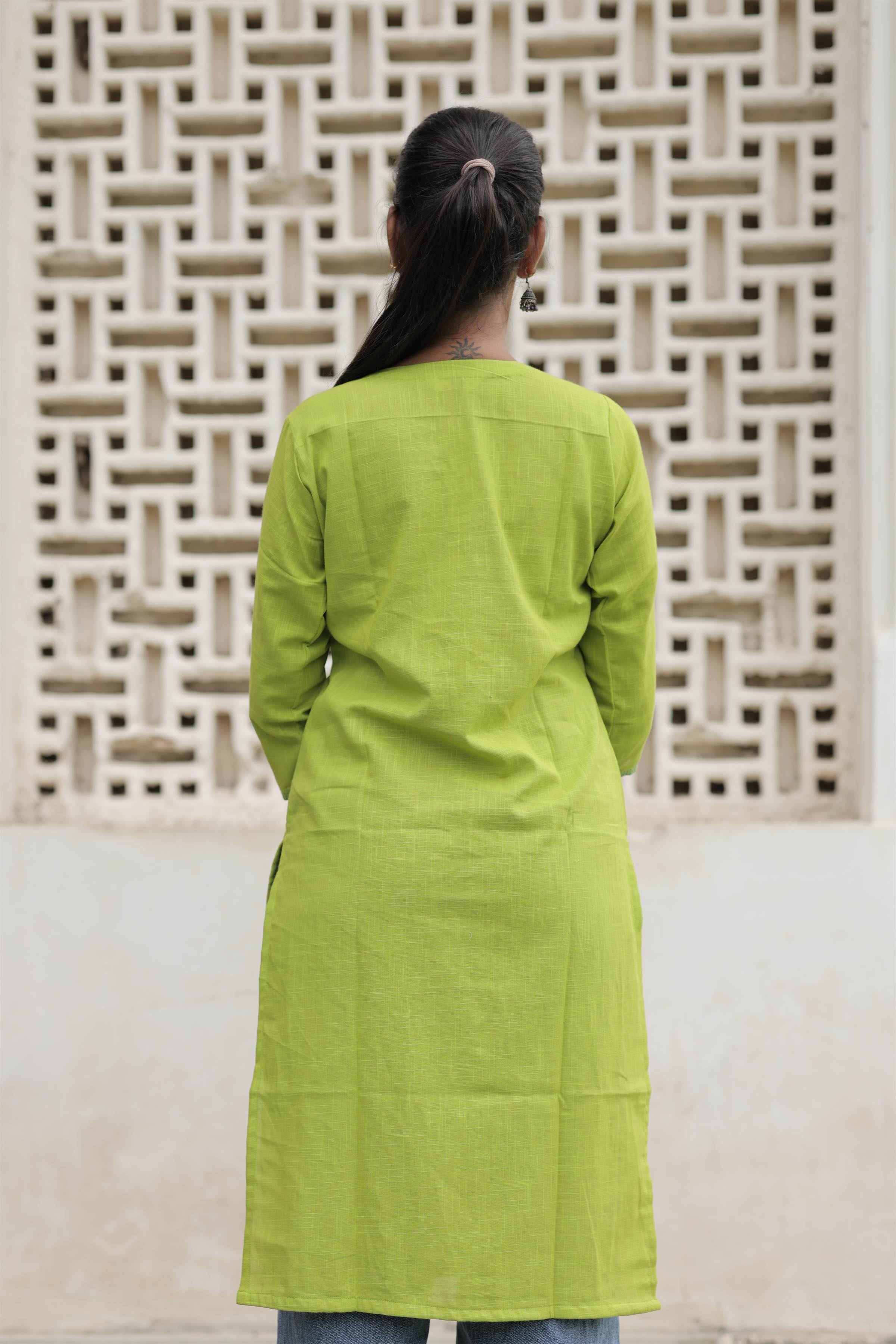 Lime Green Cotton Slub Embroidered Straight Kurta
