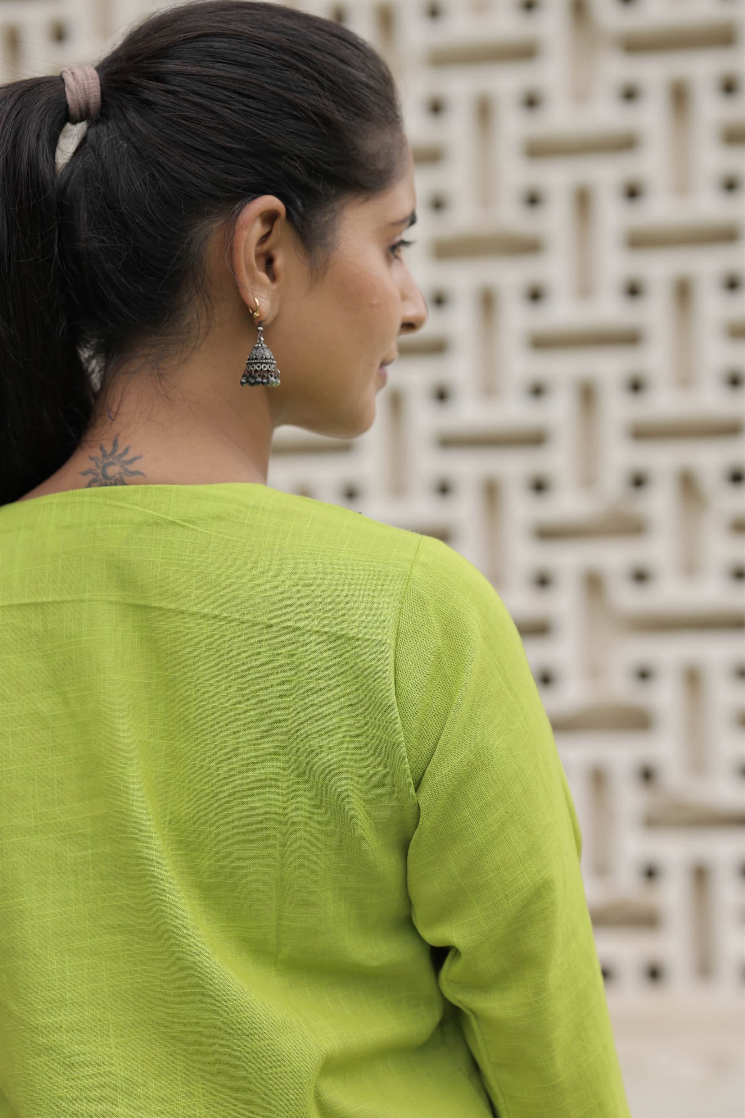 Lime Green Cotton Slub Flared Top